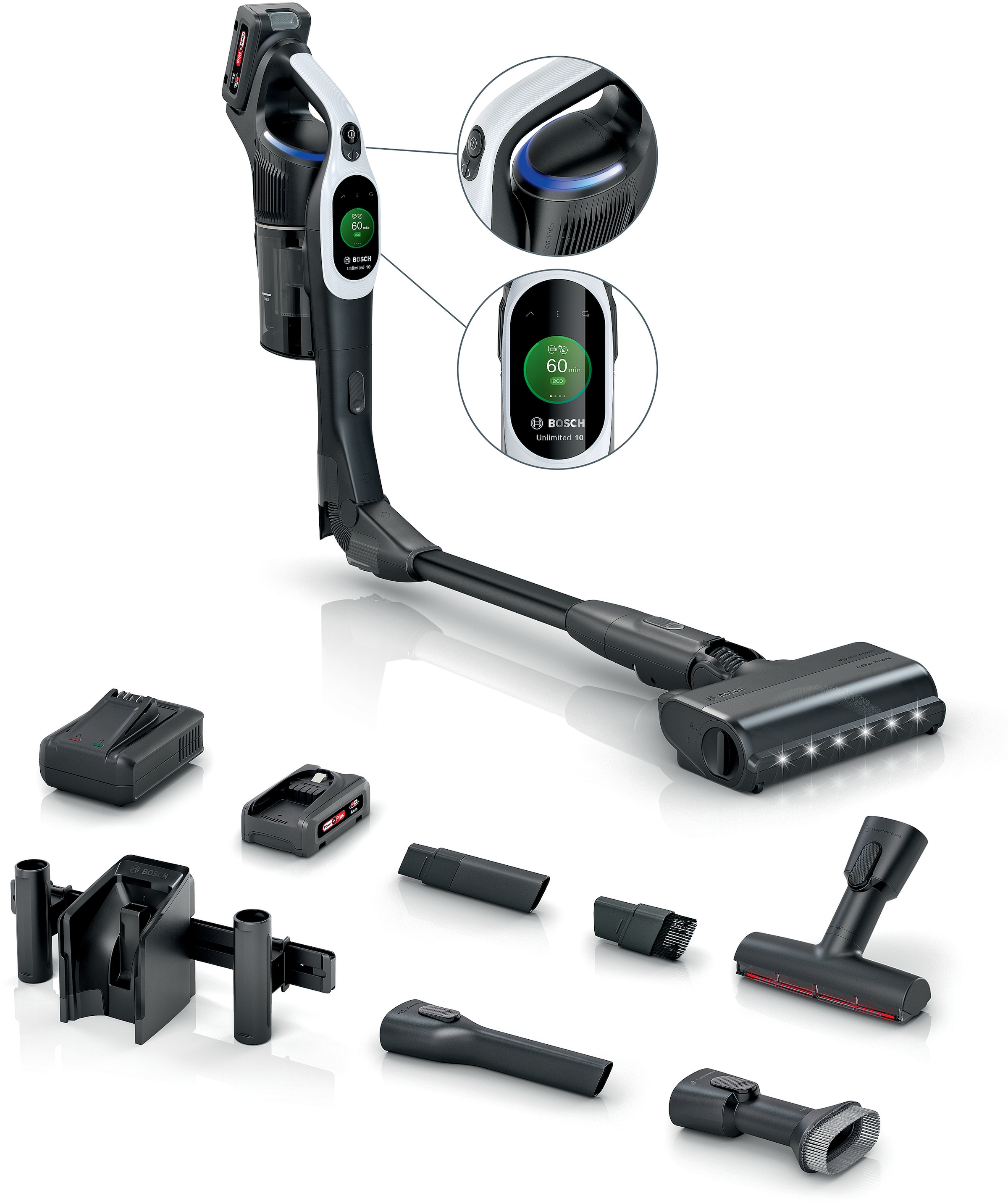 BOSCH Akku-Stielstaubsauger »Unlimited 10 BTS1042WAC, MicroClean™ Technology, 10 J. Motorgarantie« Display, Knickrohr, HEPA-Filtersystem, Schnellladegerät, 2 Akkus, weiß