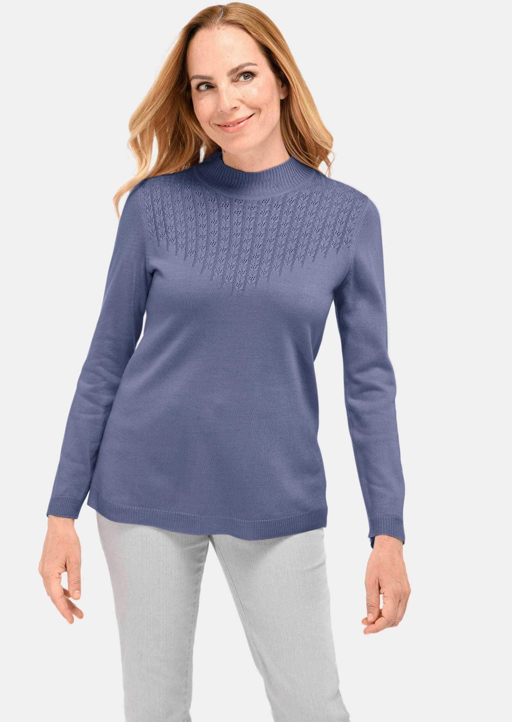 GOLDNER Rundhalspullover »Kurzgröße Eleganter Ajourpullover mit Stehbund« aufwendiger Ajourstrick in Zopfoptik