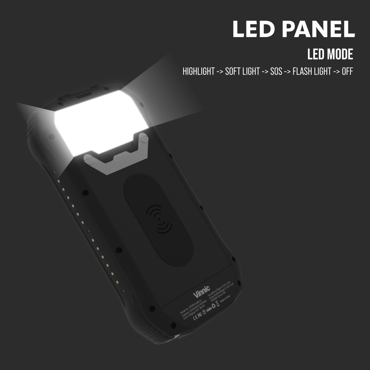 Vinnic Powerbank »SACA PEAK Solar Powerbank 10.000mAh IP65 1xUSB-C, 2xUSB-A«, Vinnic SACA PEAK Solar Powerbank 10.000mAh IP65 1xC 2xA,black