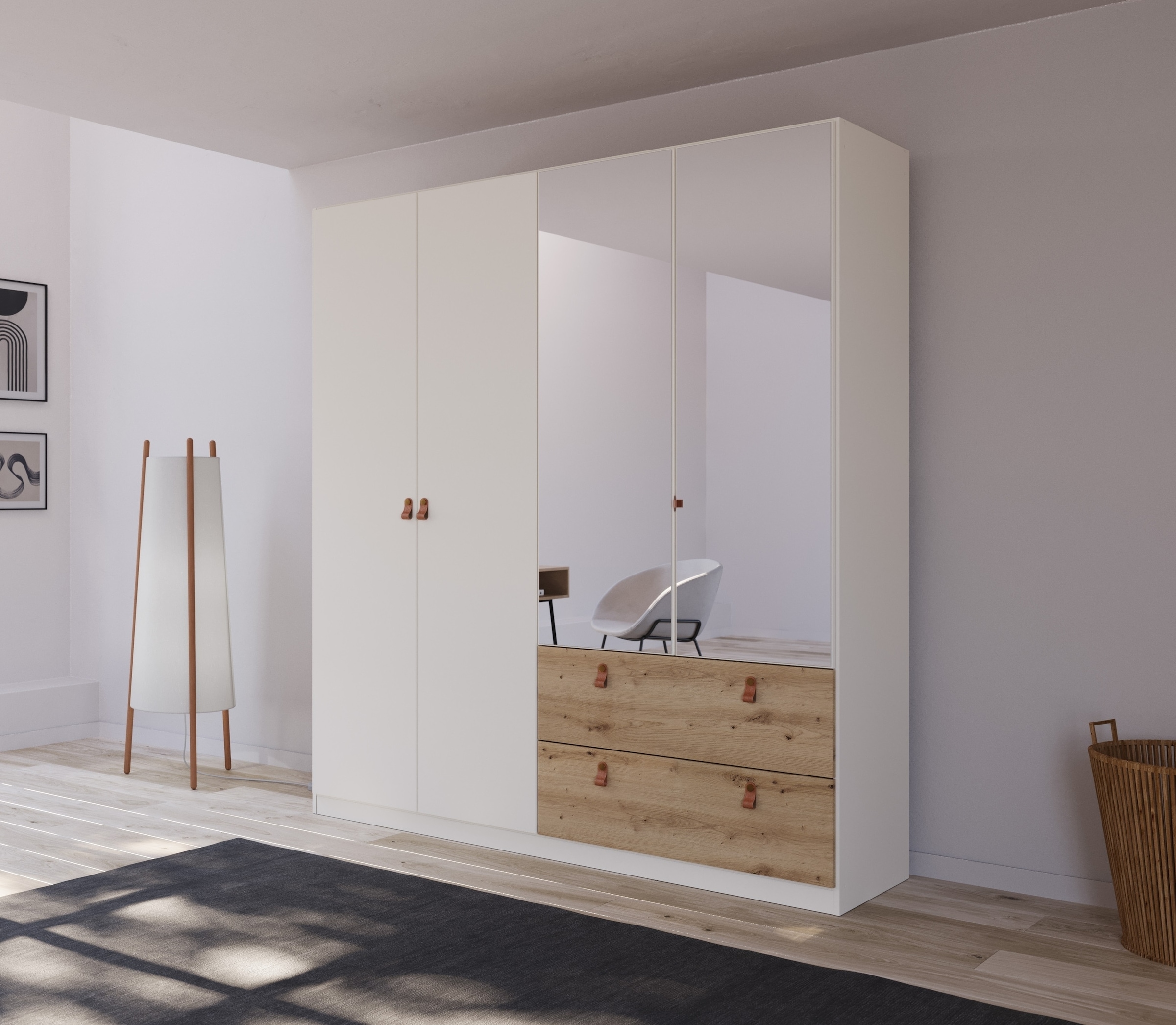 rauch Drehtürenschrank »Homey by Quadra Spin« mit cognacbraunen Ledergrifflaschen, Schubladen in Eichen-Dekor