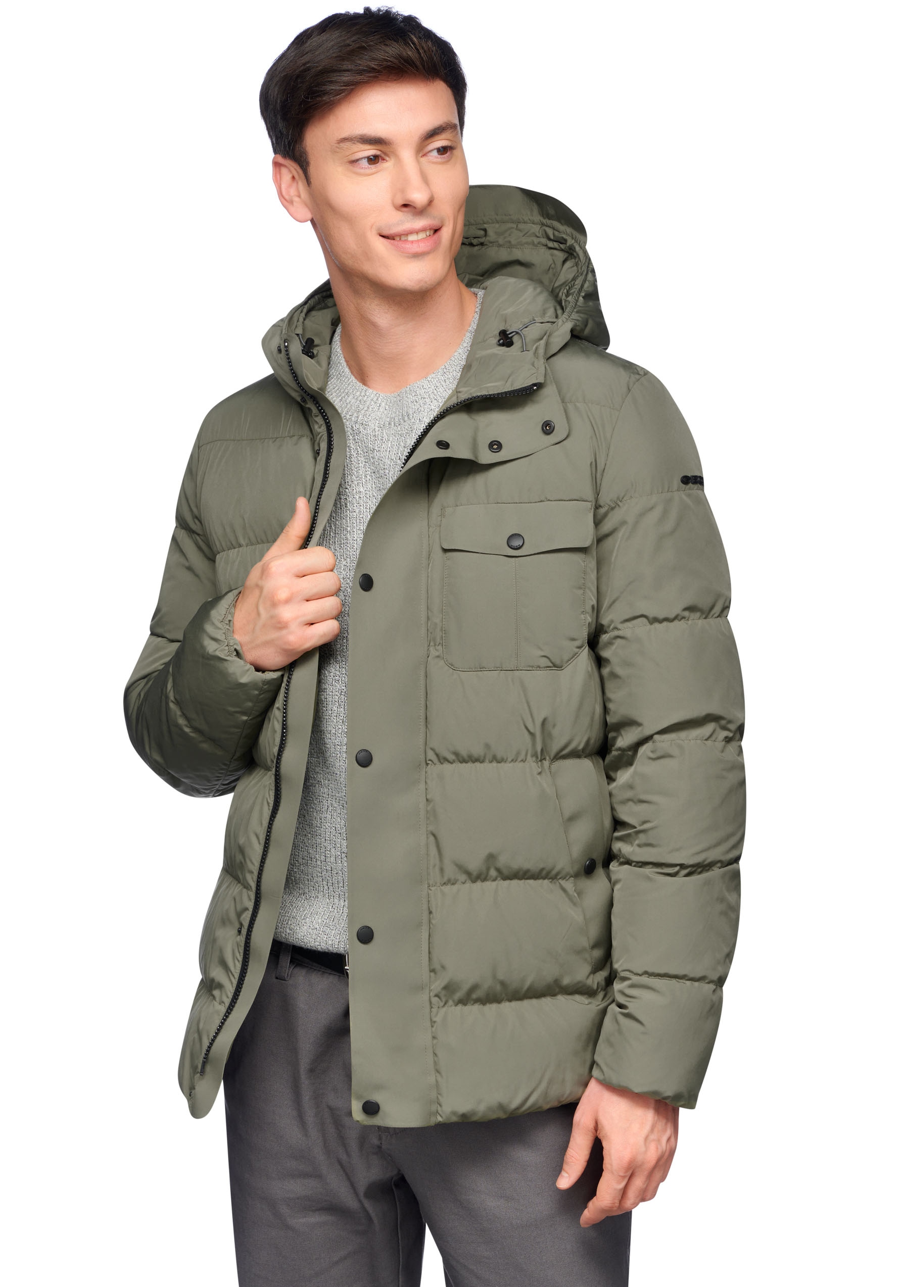 Geox Steppjacke »PIEVE«, mit Kapuze, mit verdecktem Reißverschluss & Druckern, Kapuze mit Schirm, 4 Taschen