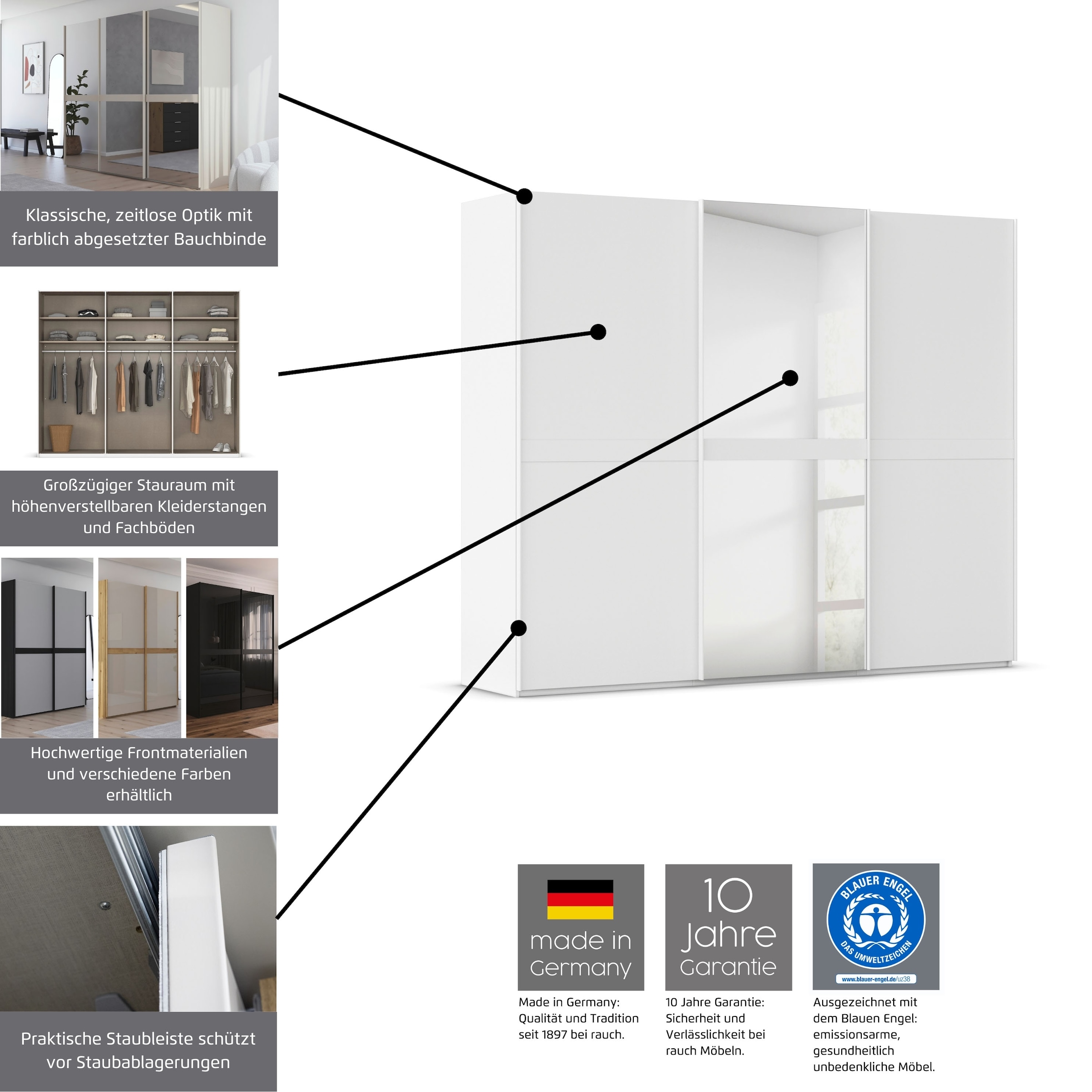 rauch Schwebetürenschrank »Kleiderschrank Schrank Garderobe Schlafzimmerschrank SCALE-LINE«, edle Optik mit Bauchbinde in Korpusfarbe mit Glasfront MADE IN GERMANY