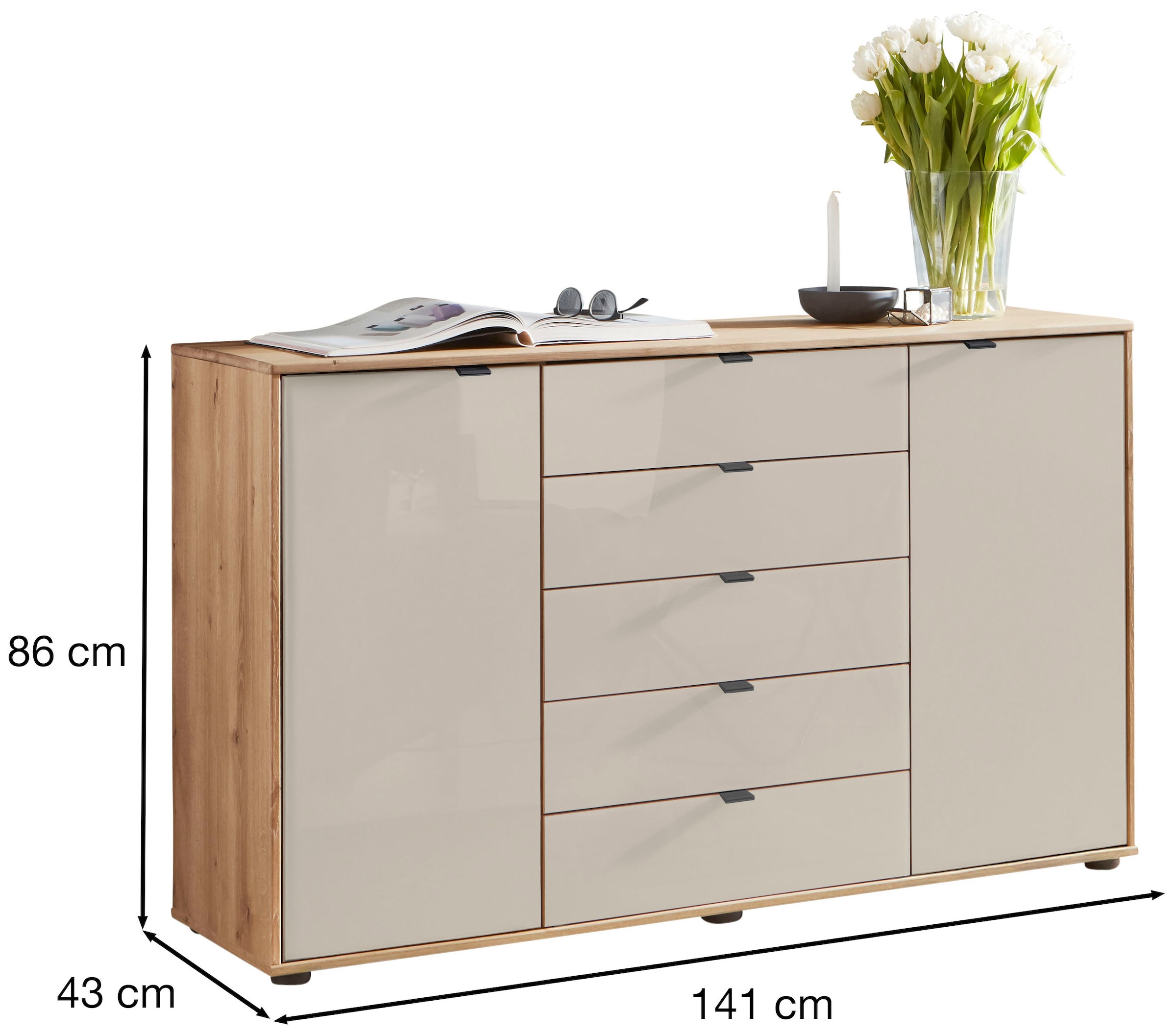 WIEMANN Kombikommode »Cardiff Sideboard, Wäscheschrank, teilmassiv Bianco-Eiche, Schubladen« Kommode 141x86x43 cm, braun, mit Dämpfung, MADE IN GERMANY,  verschiedenen Ausführungen, inklusive Einlegeböden