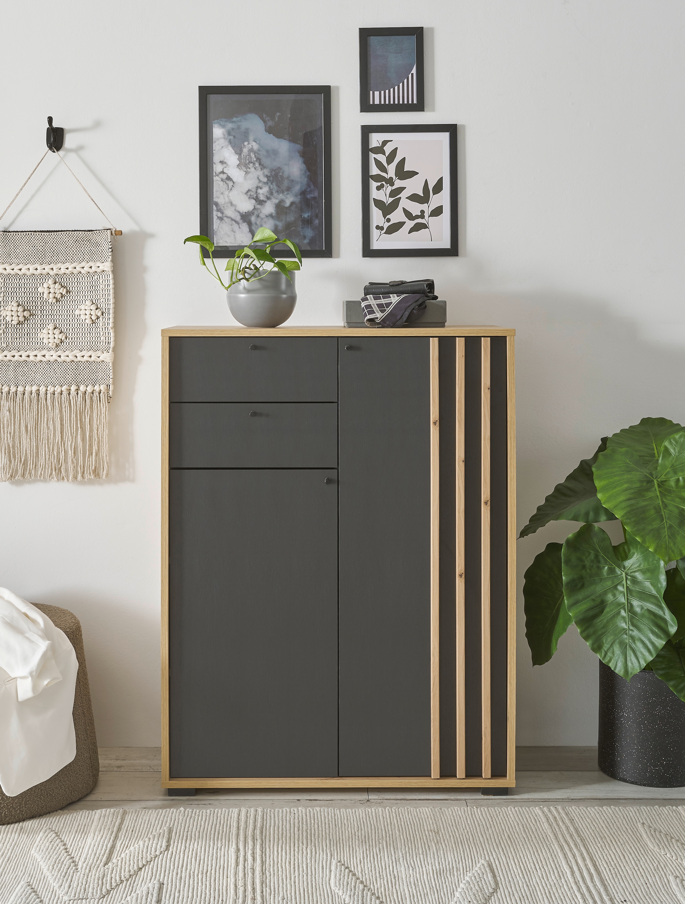 HBZ Garderoben-Set »5-tlg. Eiche MDF Stripes Flurgarderobe Stellmaß BxHxT 230x196x38 cm«, (5 St.), Mit Schuhkommode, Hochschrank, Bank, Paneel, Spiegel