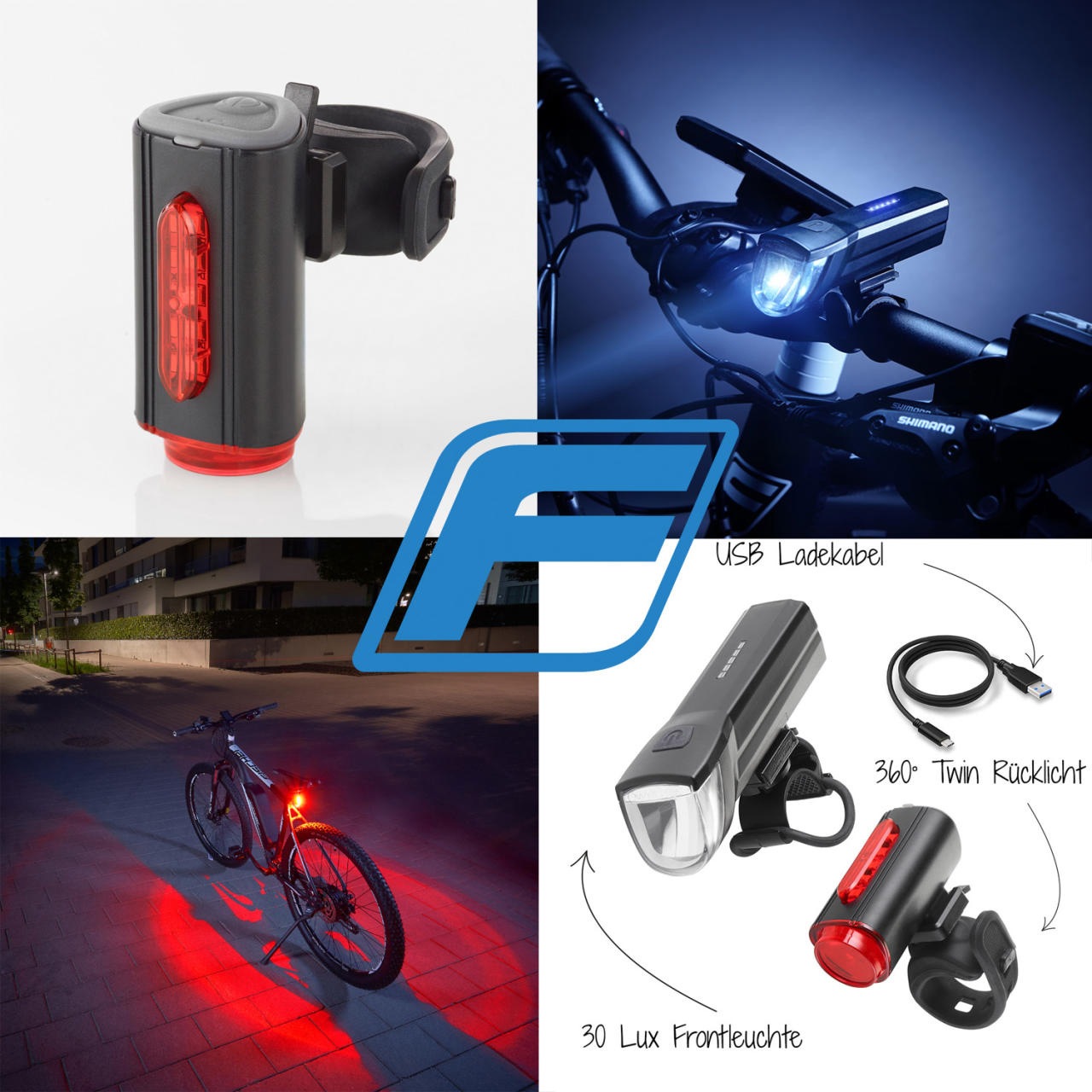 FISCHER Fahrrad Fahrradbeleuchtung »FISCHER LED Beleuchtungsset mit 360Â° Bodenleuchte«, (Set, 3 tlg., Front- und Rücklicht), mit zusätzlicher Bodenleuchte