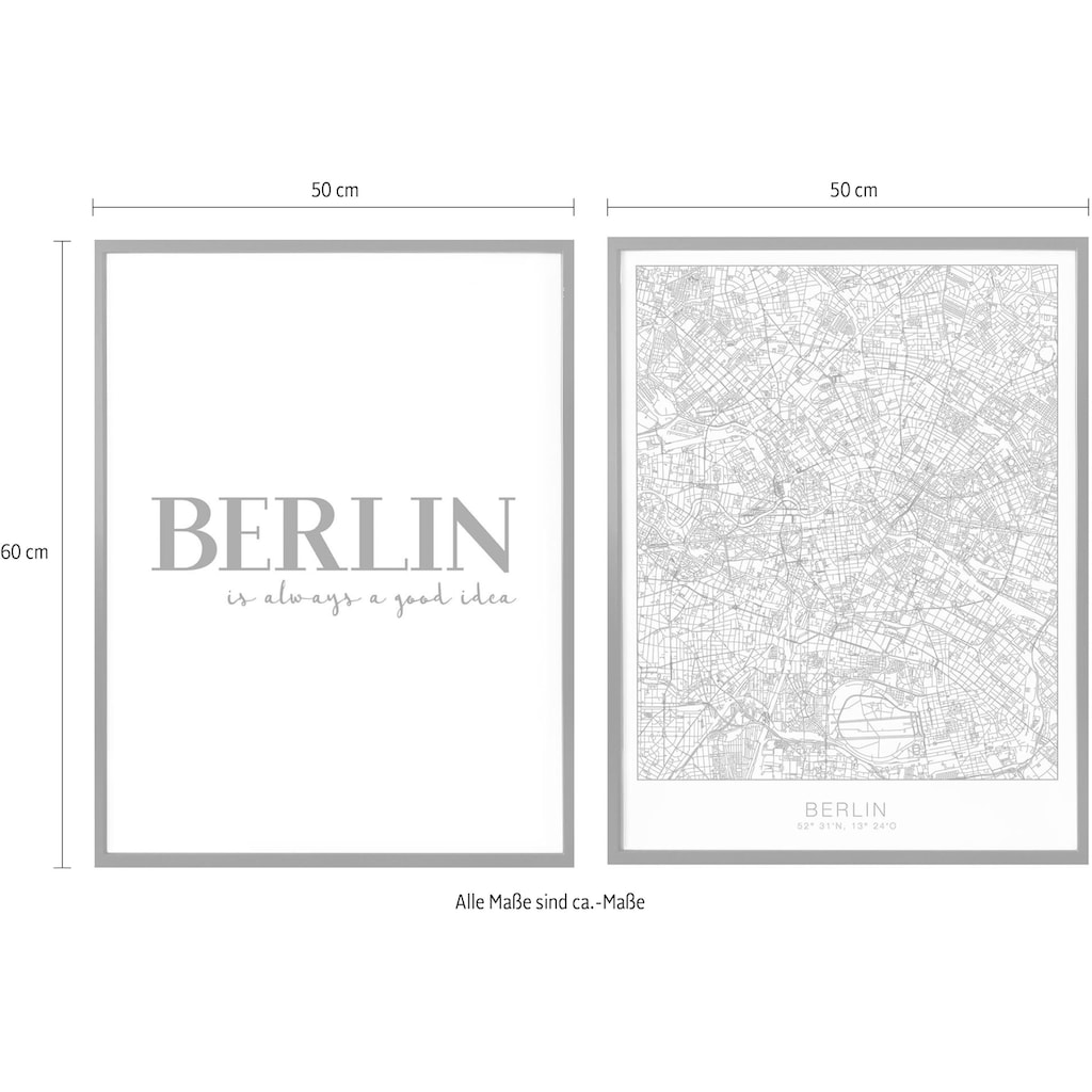 Wall-Art Poster »Berlin Stadtkarte Schriftzug Set«, Blumen, (Set, 2 St.)