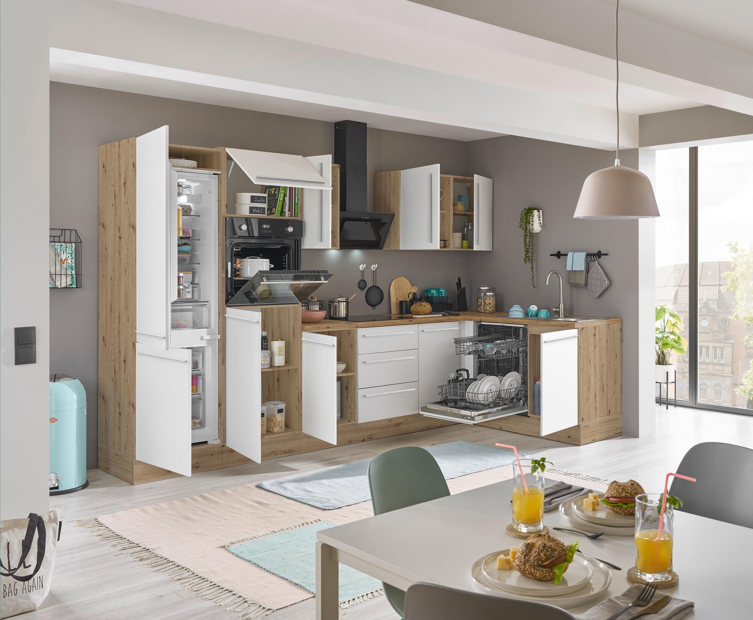 KOCHSTATION Winkelküche »Florida, Stellbreite 340x175 cm« wahlweise mit E-Geräten, mit Softclose für Türen und Schubkästen