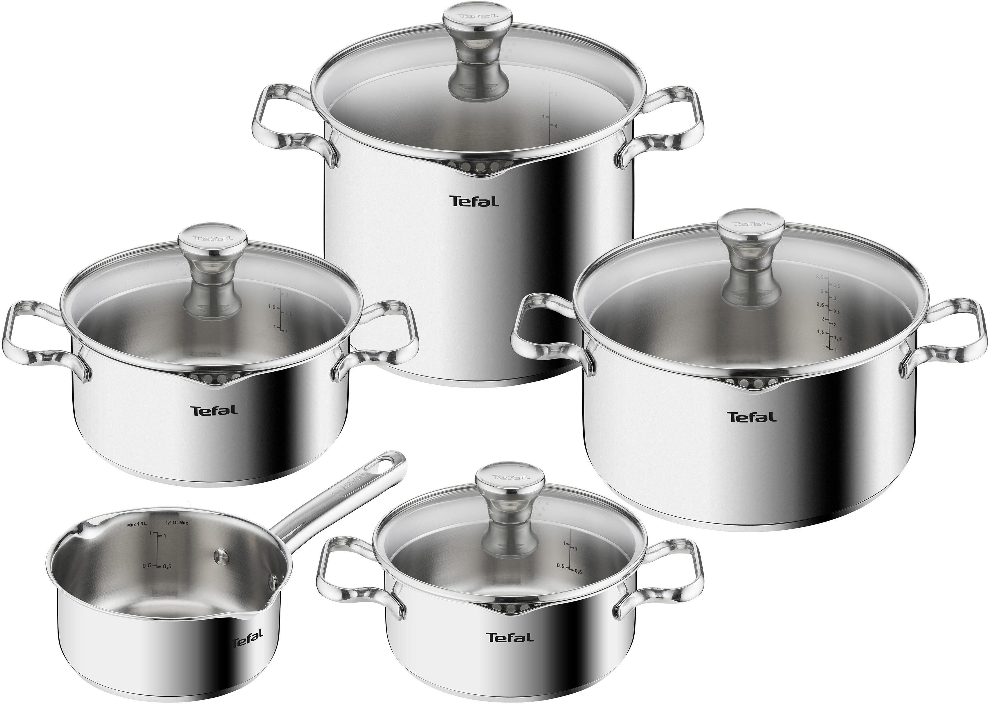 Tefal Topf-Set "Duetto Induktion, robust und hochwertig, Induktions Töpfe Set" Set, 1x Stielkasserolle 16 cm, je 1 Kochtopf mit Deckel 18/20/22/24