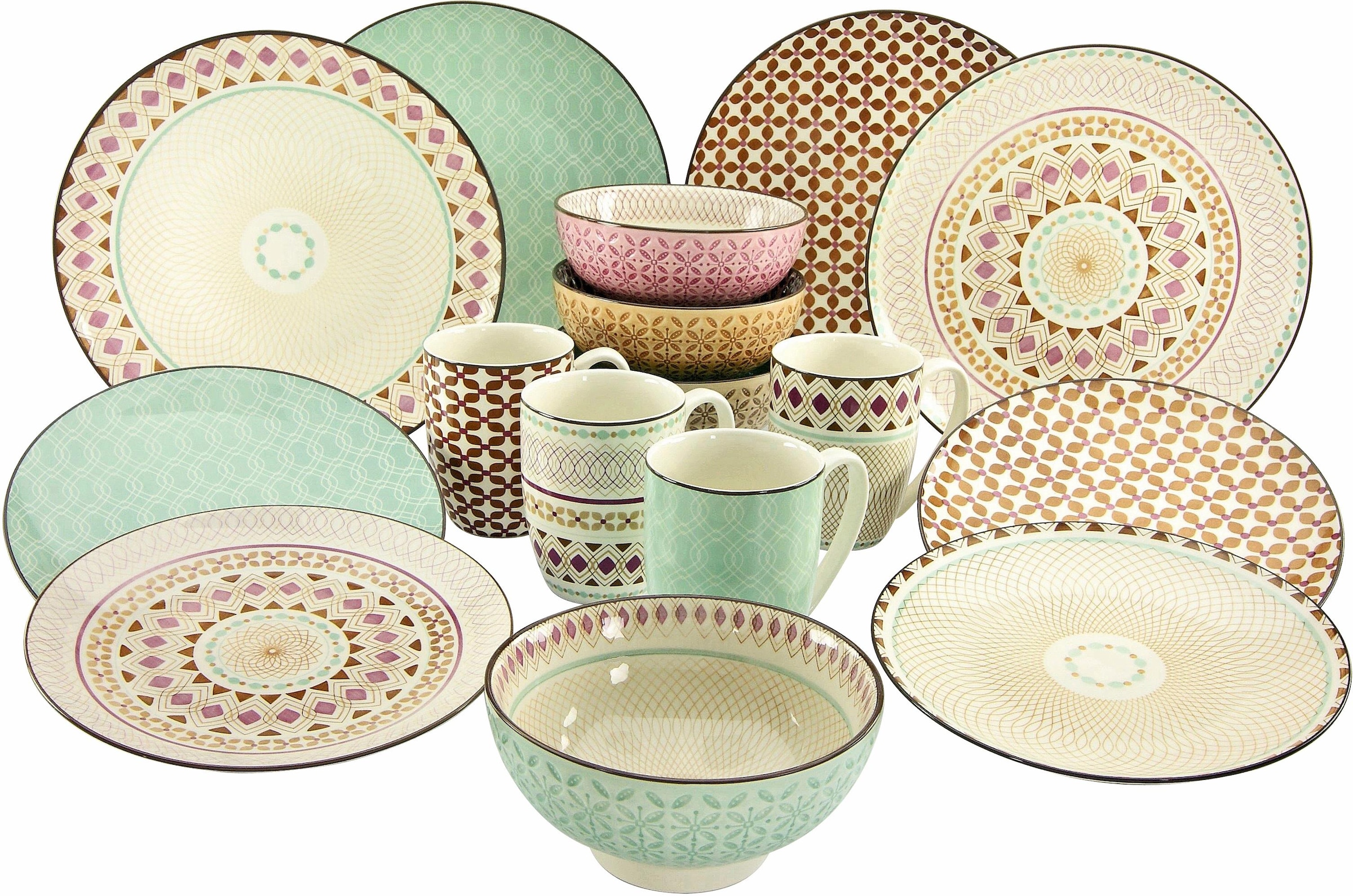 CreaTable Kombiservice »Geschirr-Set Mandala«, (Set, 16 tlg., Kaffeeservice und Tafelservice im Set, für 4 Personen), Service, 4 Designs, 16 Teile, für 4 Personen