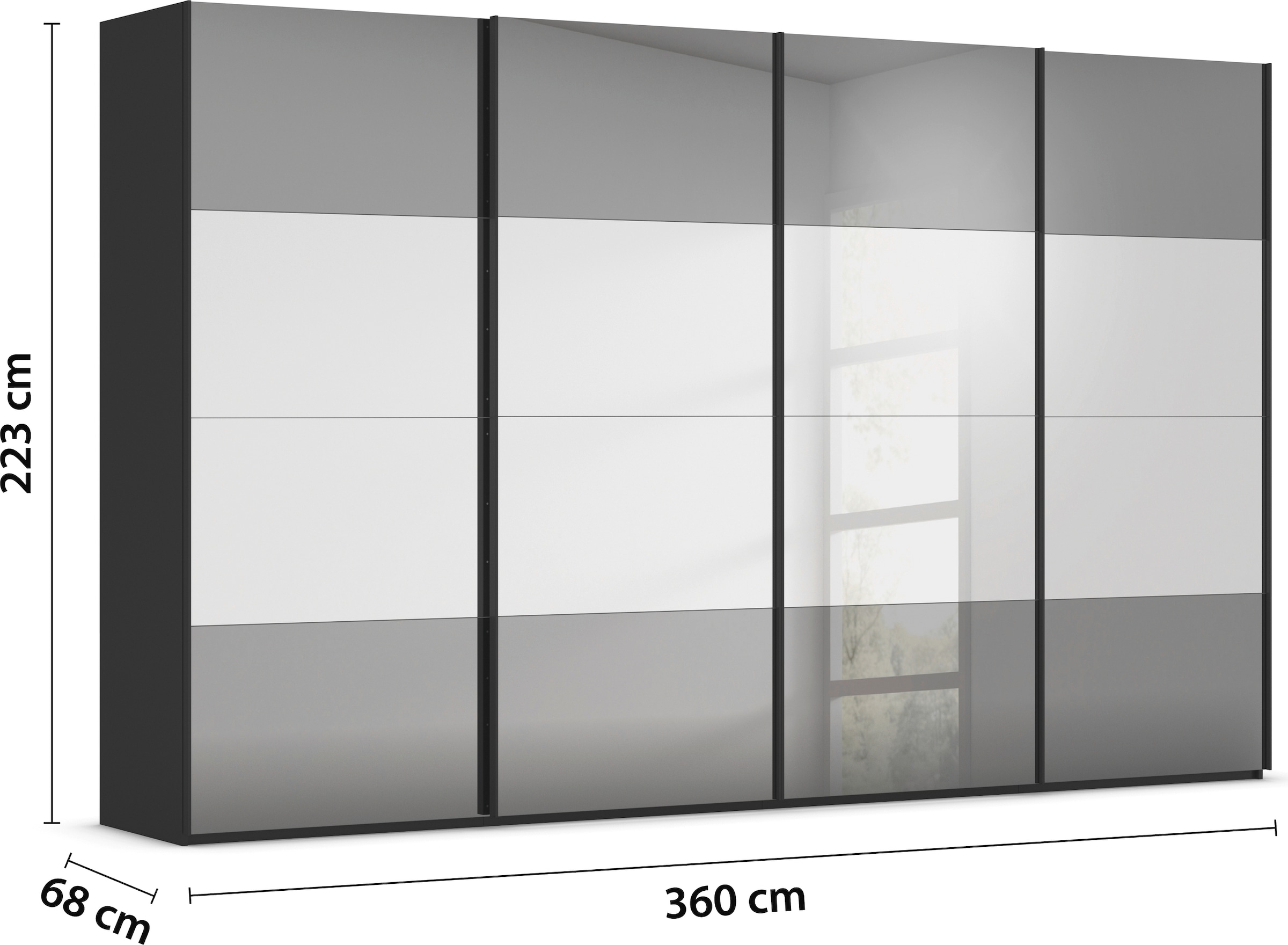 rauch Schwebetürenschrank »Kleiderschrank Schrank Garderobe Schlafzimmerschrank SCALE-FYRA«, edle Türen viergeteilt Front Spiegel-Mix viele Farben MADE IN GERMANY