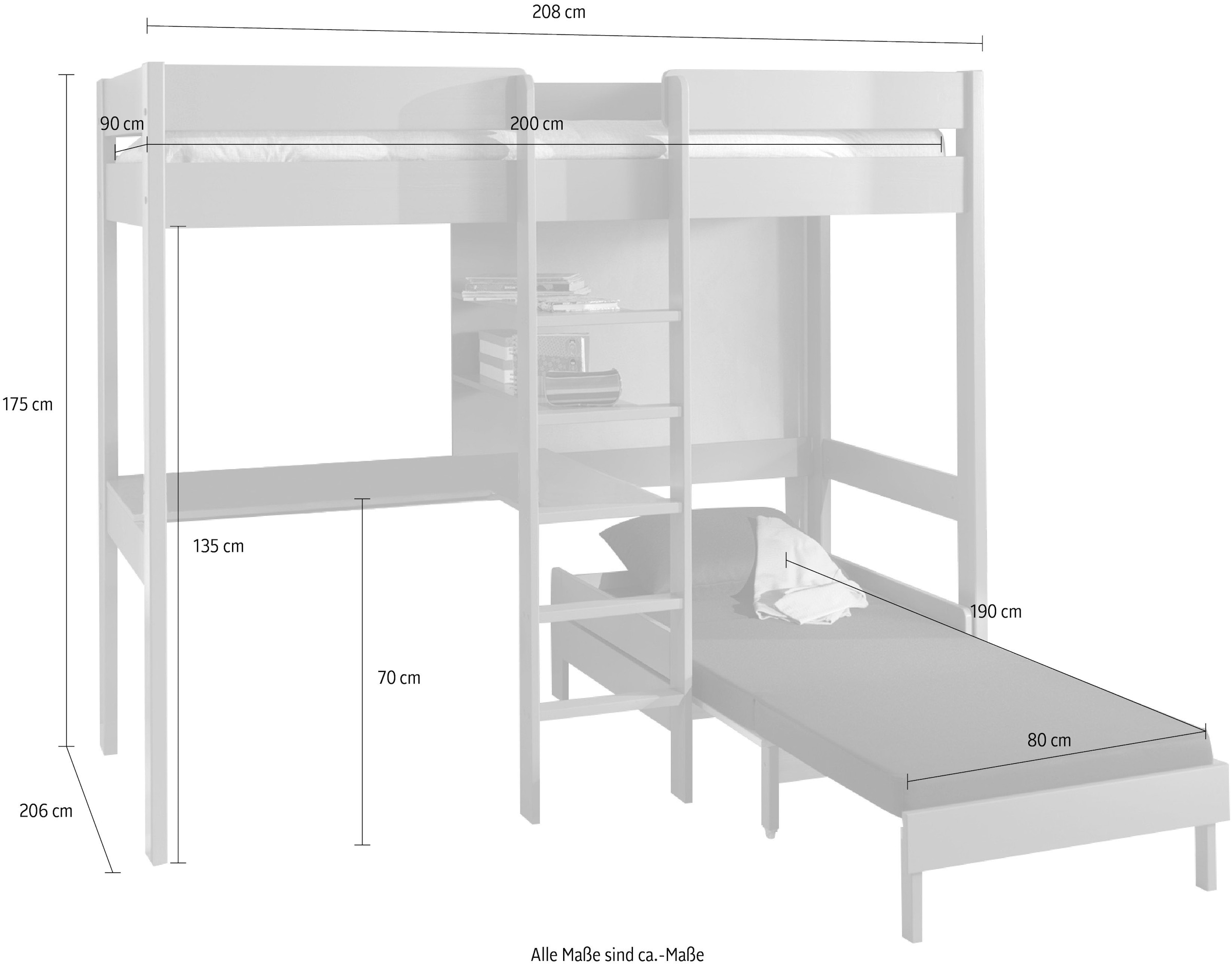 Vipack Hochbett »Pino«, (Made in Europe), mit Sessel, Schreibplatte und Regal