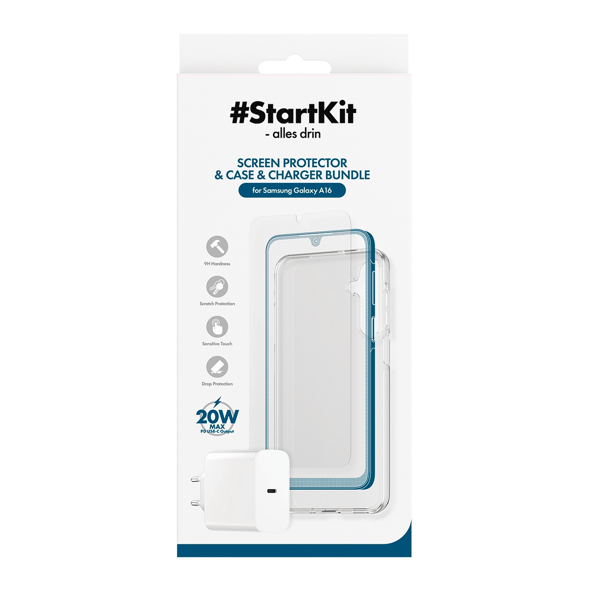 CARE by PanzerGlass USB-Ladegerät »StartKit - alles drin - Screen Protector, Case & Charger« Set, 20W Ladegerät, Displayschutzglas, TPU-Schutzhülle, 3 Stk. tlg. 3-in-1 Bundle für Samsung Galaxy A16