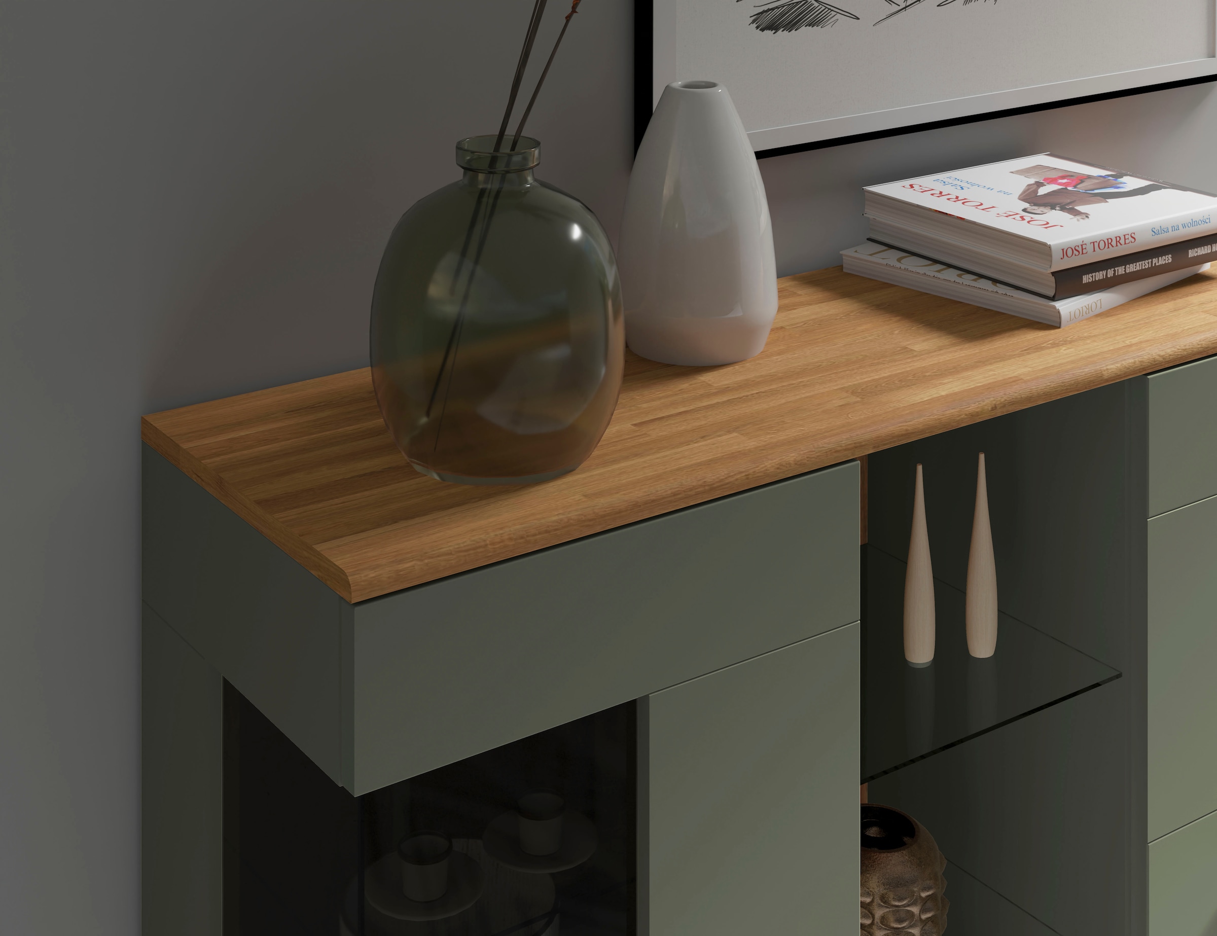 Home affaire Highboard »Ribe,120cm breit,112cm hoch,Oberplatte massiv,12 Fächer«, Eiche massiv,Melamin Salbeigrün,schwarze Metall Griffe,Türen mit Glass