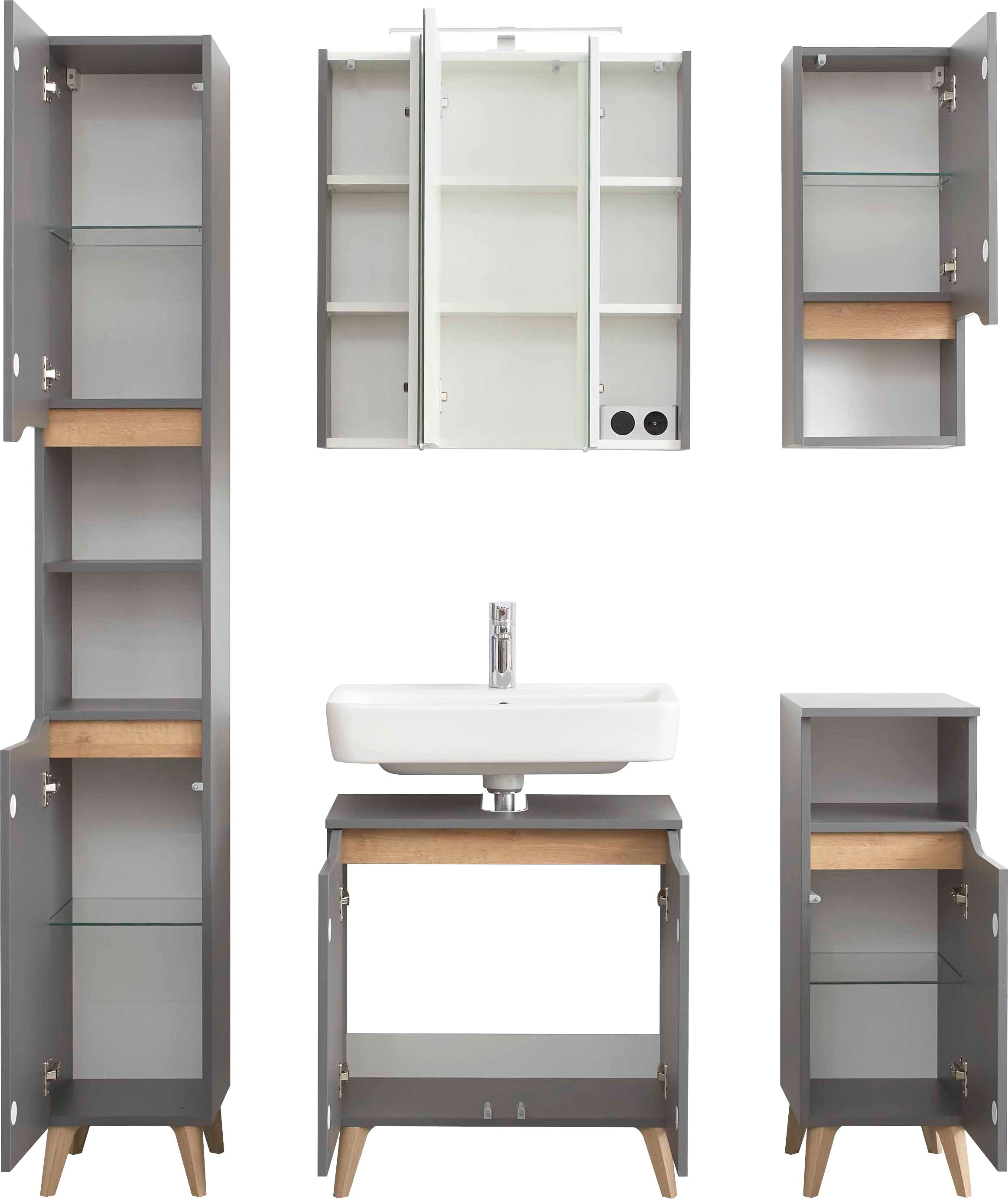 Saphir Badmöbel-Set »Quickset 5-teilig Waschbeckenunterschrank und LED-Spiegelschrank« 5 Stk. tlg.