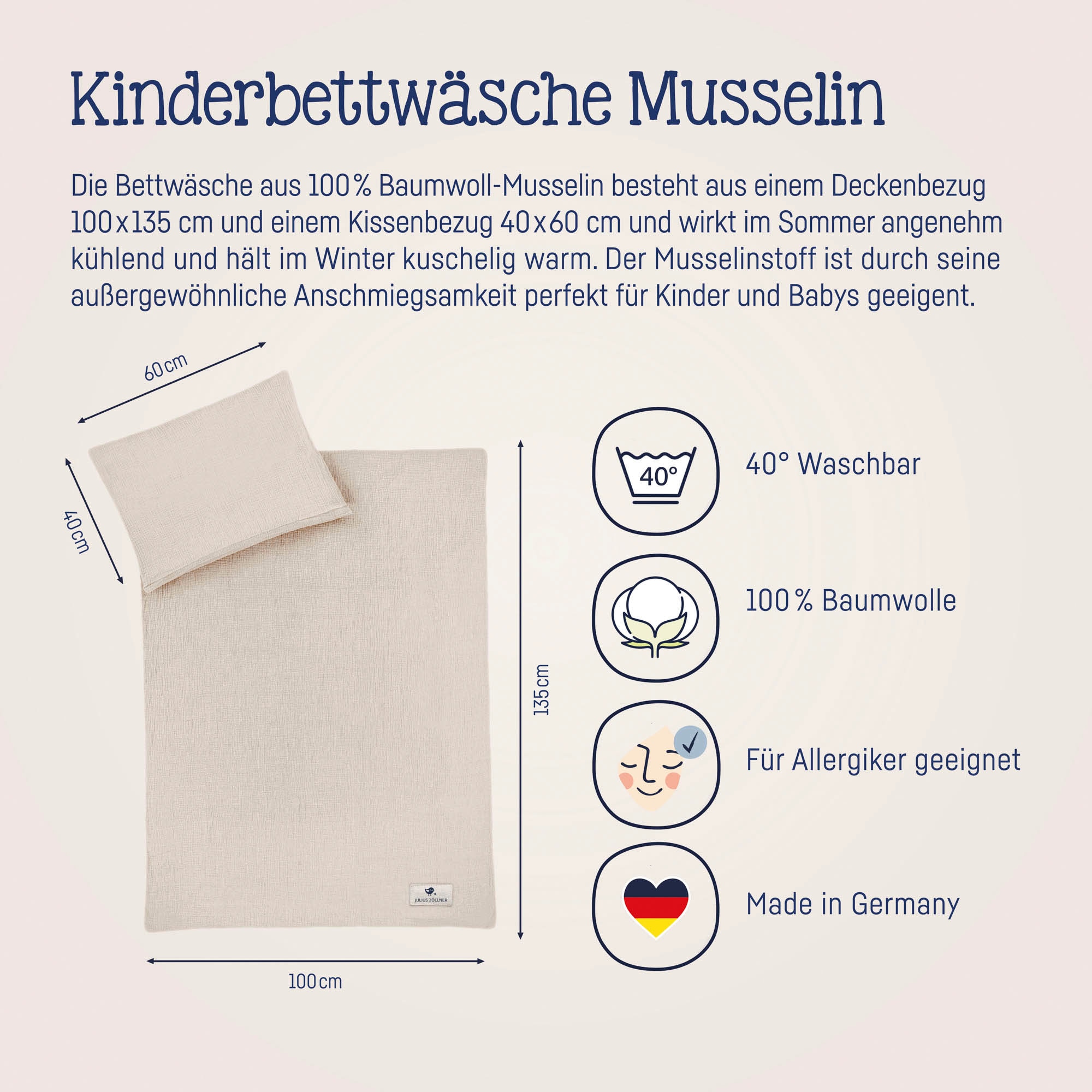 Julius Zöllner Kinderbettwäsche »Baby- und Kinderbettwäsche aus 100% Musselin«, erhältlich in den Größen 80x80+35x40cm und 100x135+40x60cm