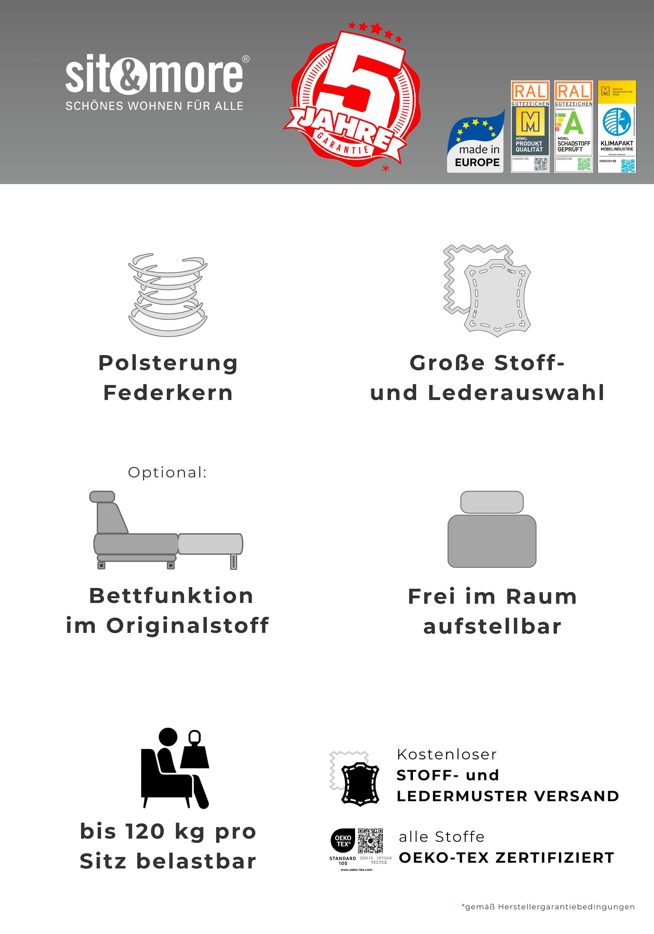 sit&more Ecksofa »Savona L-Form, B. 262 cm, Komfortsitz, Eckcouch mit Stoff- & Lederwahl« optional Schlaffunktion, Liegefl. 120x195 cm