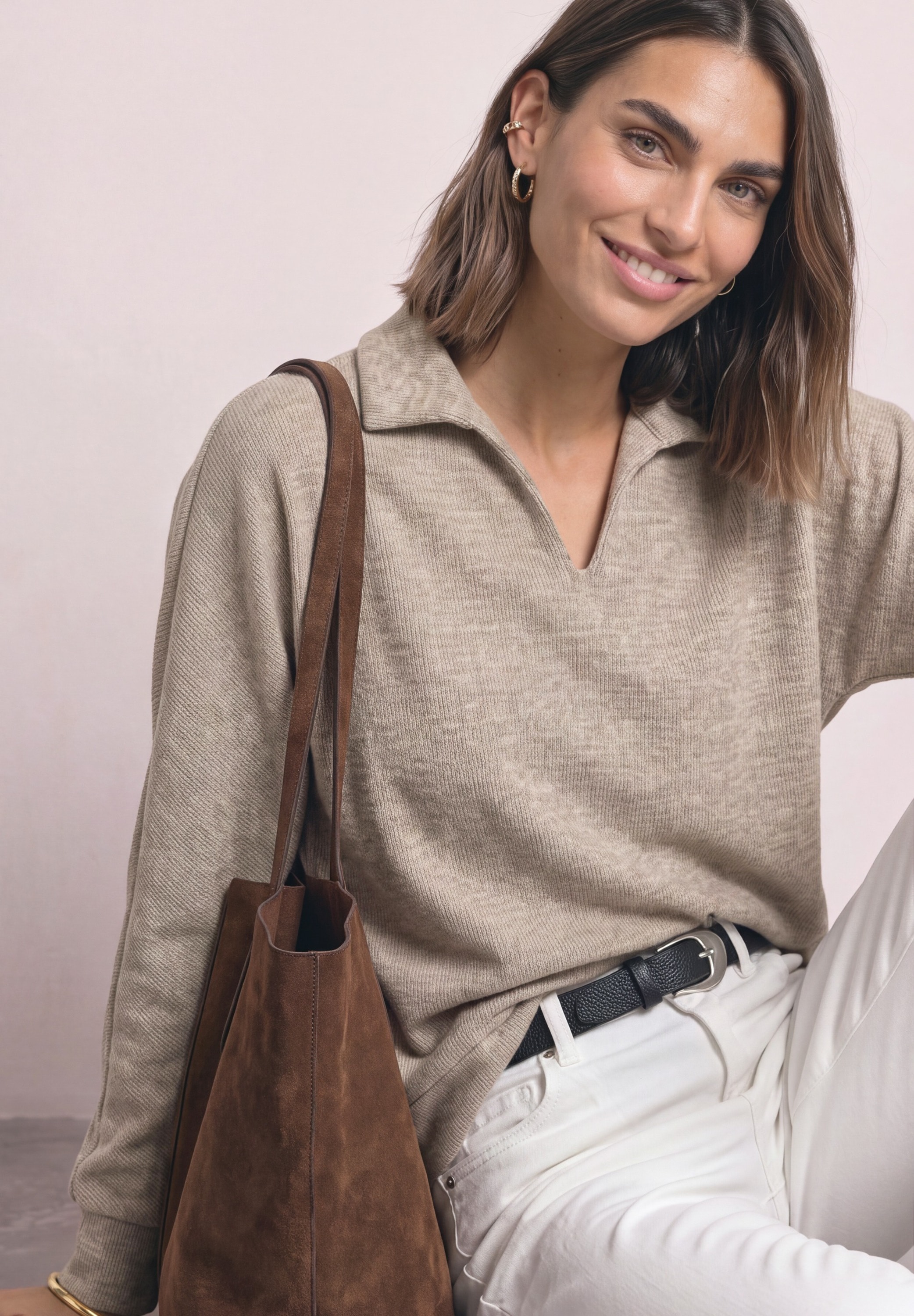 STREET ONE Langarm-Poloshirt mit Polokragen / Im Melange-Look