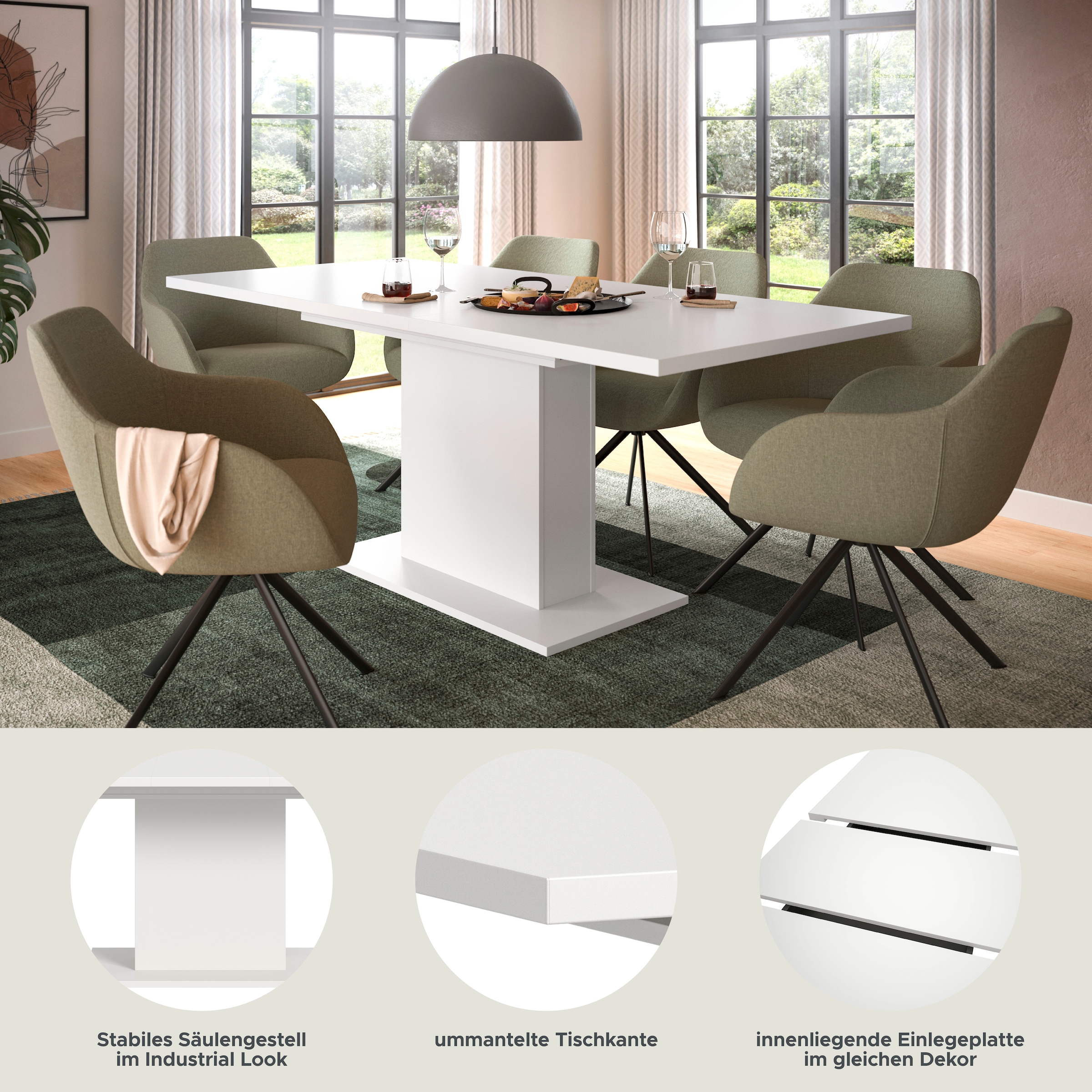 INOSIGN Esstisch »Motus, ausziehbar 150 -190 cm, inklusive 40 cm Einlegeplatte«, (Set, 1 St.), Säulengestell mit Bodenplatte, Tisch, Küchentisch, Esszimmer, Küche