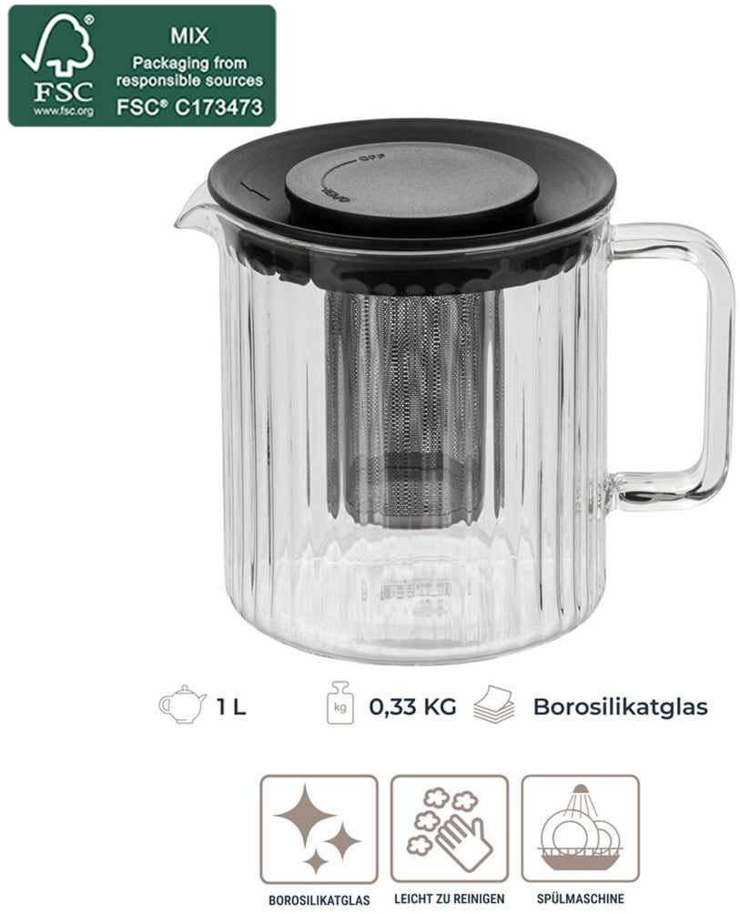 RESTO Kitchenware Teekanne »Ain, hitzebeständige Glaskanne im 3D Design, Höhe ca. 13 cm« 1 l 4 Stk. tlg. mit herausnehmbarem Filtersieb aus Edelstahl, im Geschenkkarton