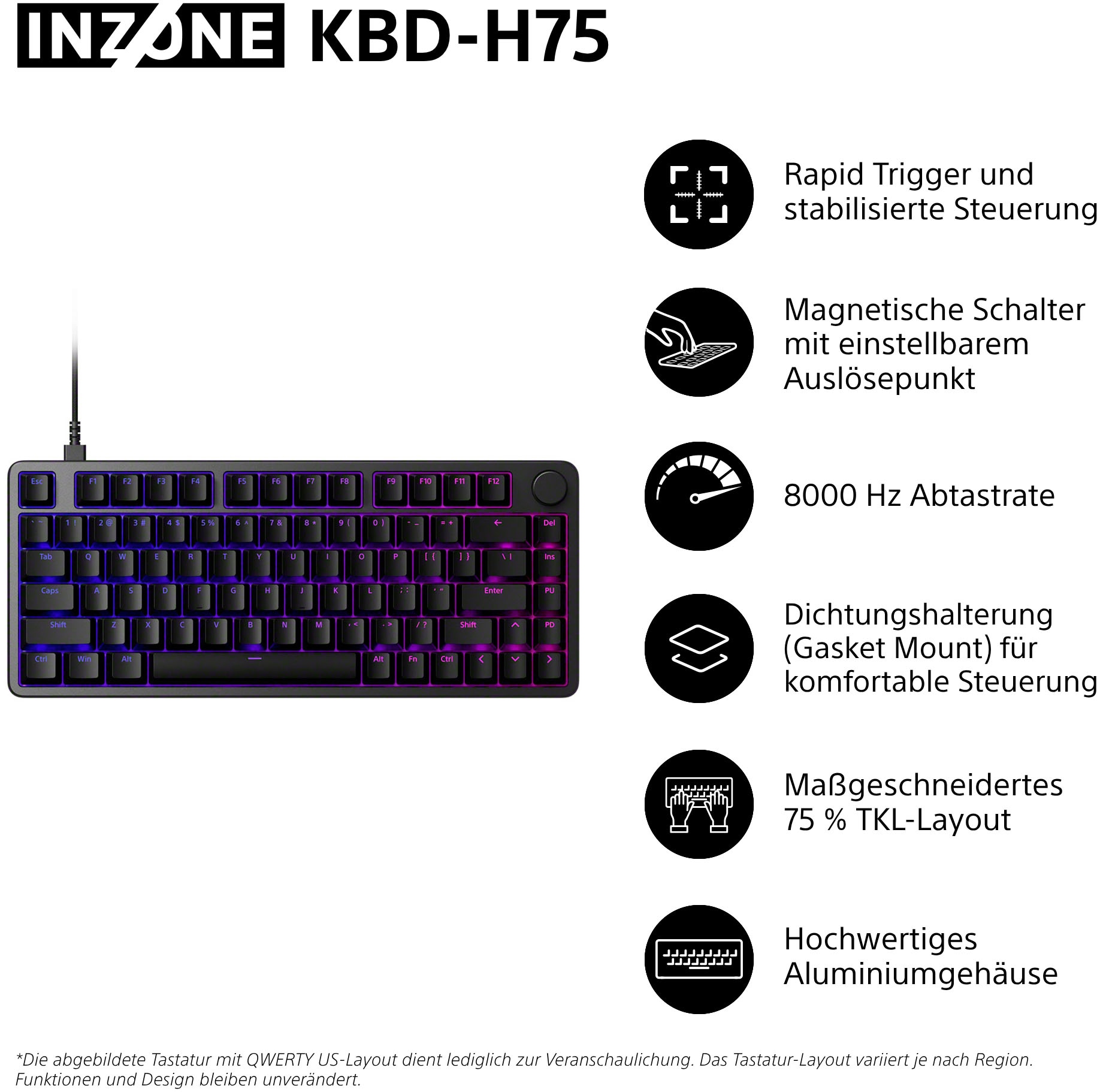 Sony Gaming-Tastatur »INZONE KBD-H75« (Fn-Tasten | USB-Anschluss | Windows-Sperrtaste) Magnetschalter, 75% TKL, 8000Hz Abtastrate, Gasket Mount, Alugehäuse
