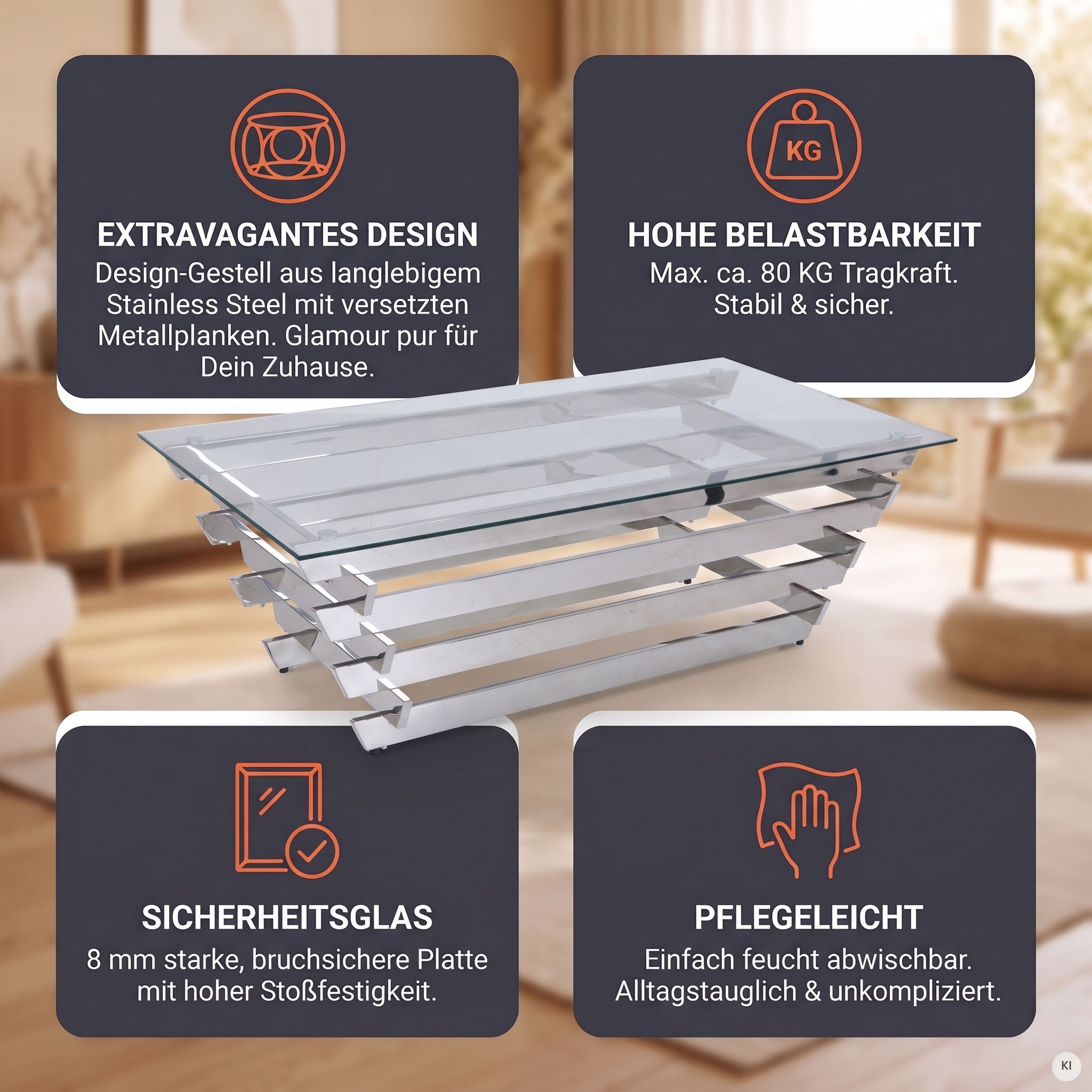 SalesFever Couchtisch »Eleganter Tisch für Wohnzimmer« Edles Design-Gestell aus rostfreiem Stahl