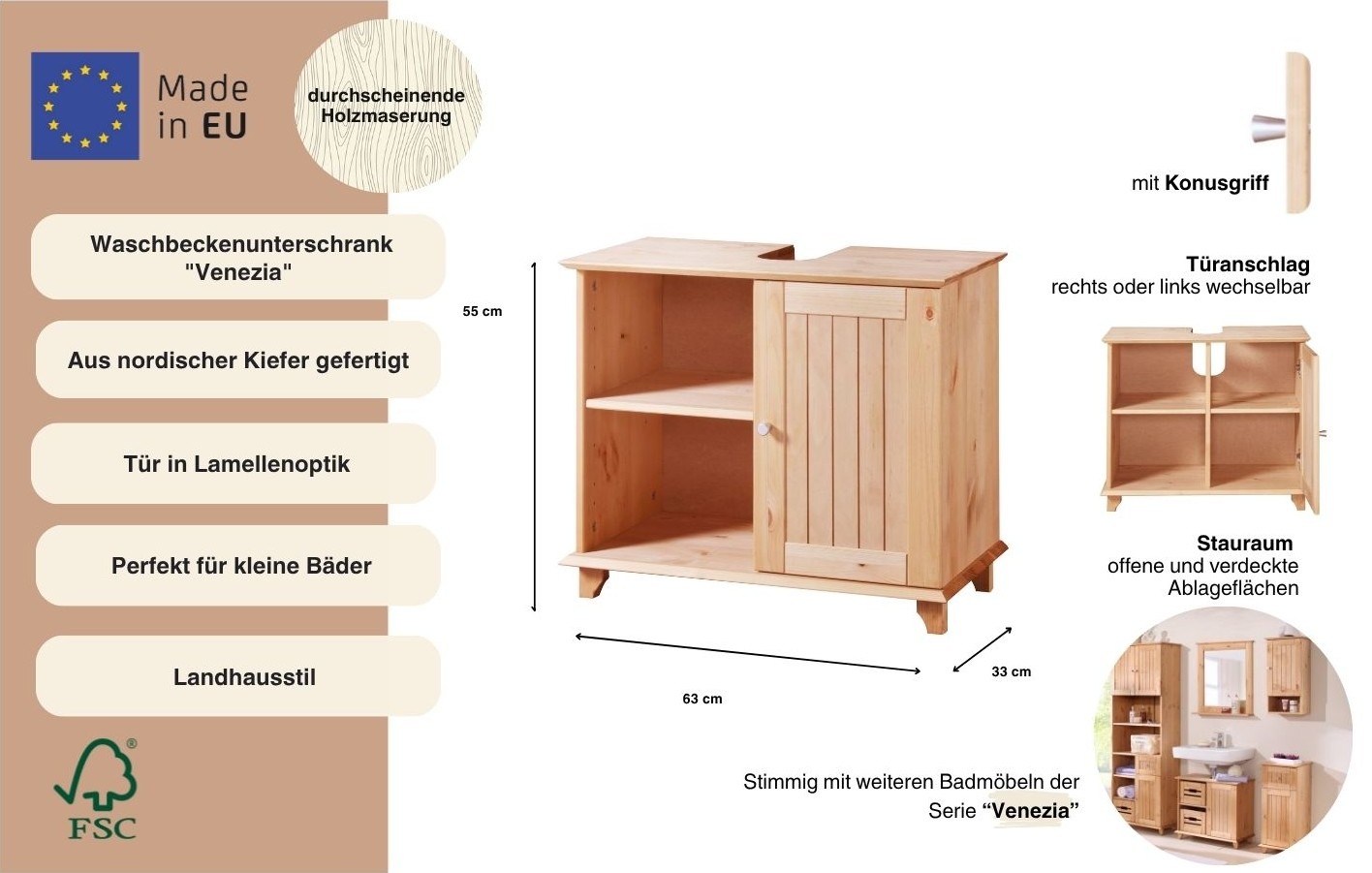 welltime Waschbeckenunterschrank »Venezia Landhaus« Badmöbel aus Massivholz, Breite 63 cm (ohne Stauraumkisten)