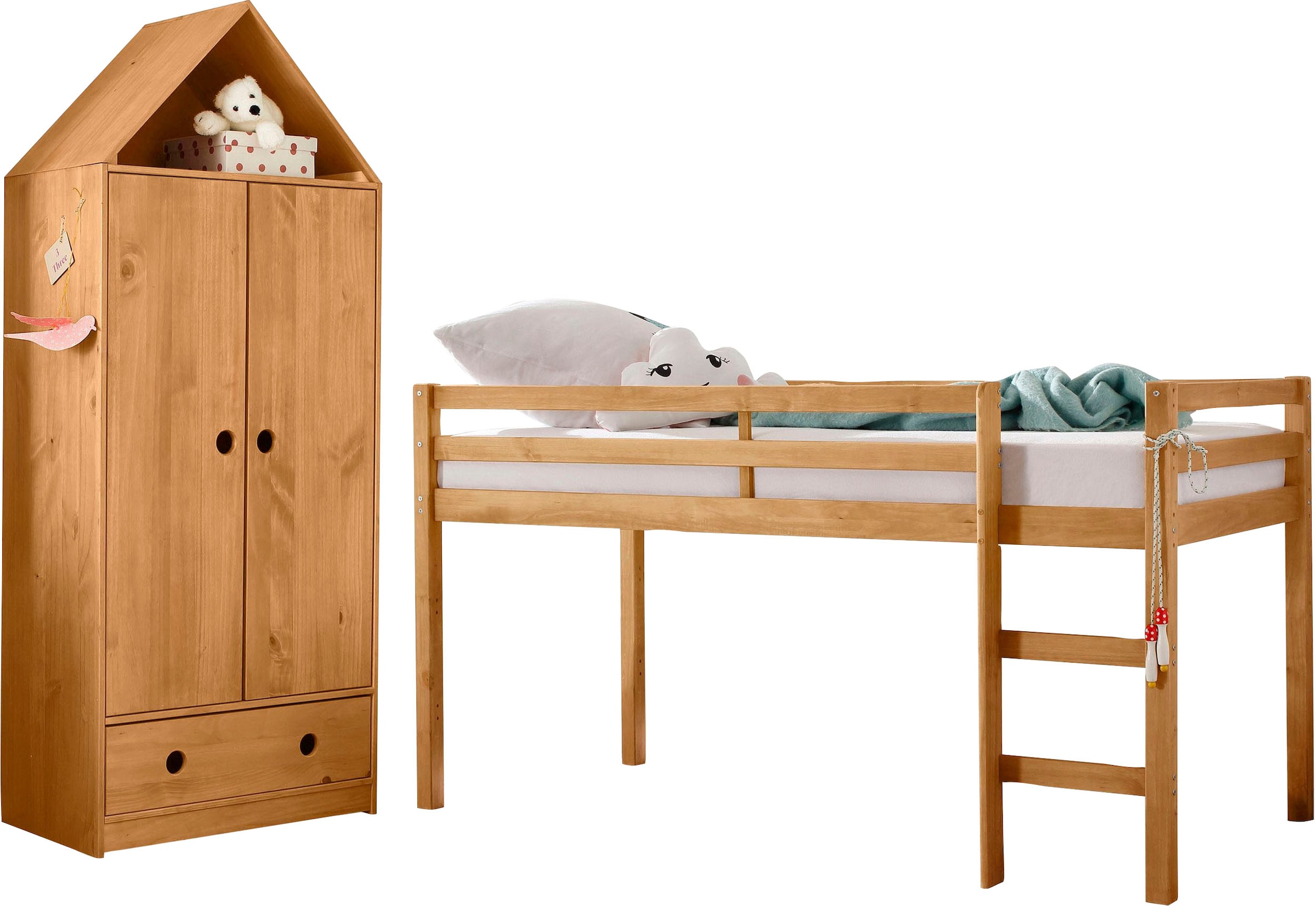 Lüttenhütt Jugendzimmer-Set »Alpi«, (Spar-Set, 2 tlg.), Hochbett und Kleiderschrank in Hausoptik, perfekt für kleine Räume