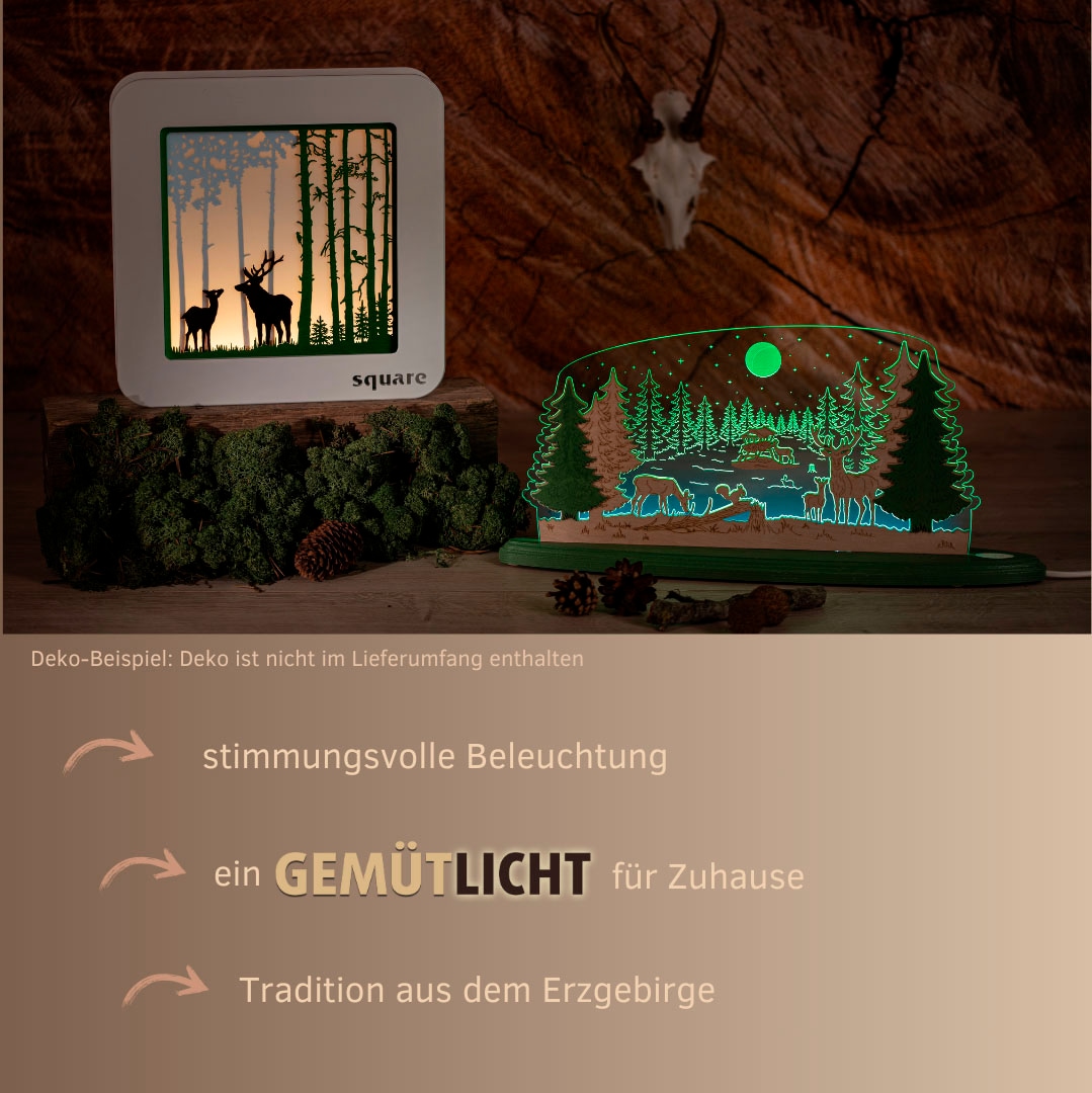 Weigla LED-Bild »Square Standbild Wald, Herbstdeko, Batterie & Timer, WEIẞ-GRÜN«, (1 St.), Erzgebirge garantiert, Weihnachtsdeko Innen, Weihnachtsbeleuchtung