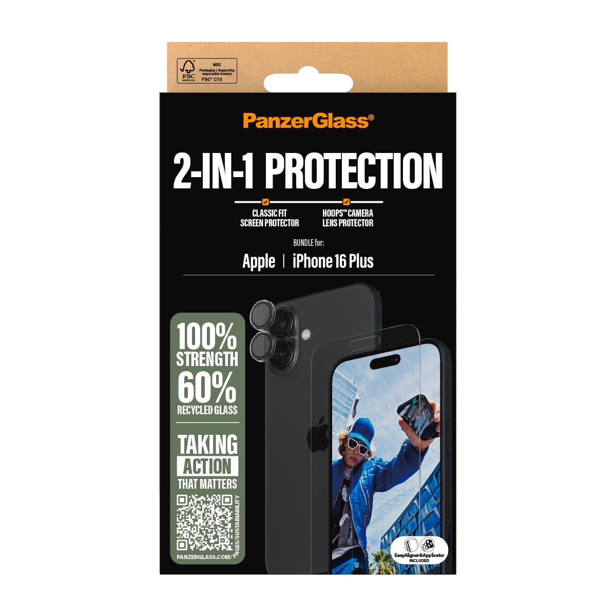 PanzerGlass Displayschutzglas »2-in-1 Protection, Glass, Lens Protector« für Apple iPhone 16 Plus Displayschutzfolie, Schutzfolie, Bildschirmschutz, kratz- & stoßfest