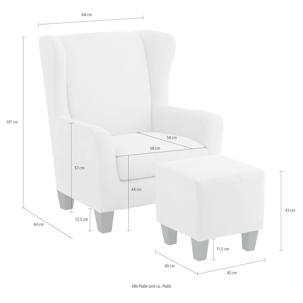 Home affaire Ohrensessel »Chilly, Sessel mit Federkern-Polsterung,«, (Set, 2 St., bestehend aus Sessel und Hocker)