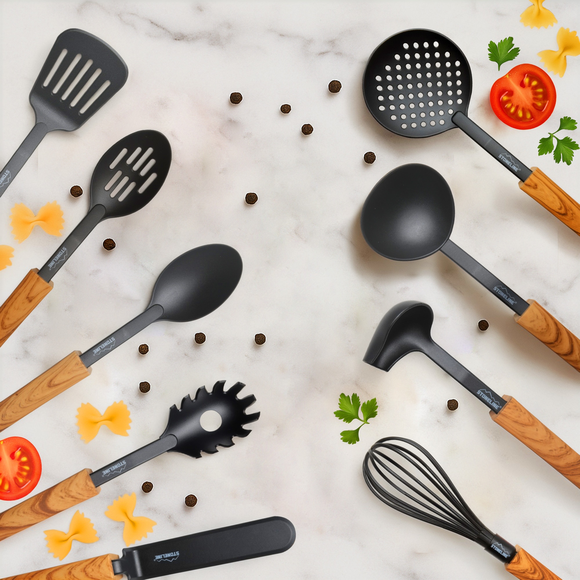 STONELINE Kochbesteck-Set »Kochutensilien-Set mit Holzgriff-Design "Back to Nature"« Perfekt für Antihaft-Pfannen und Töpfe, Design aus Deutschland