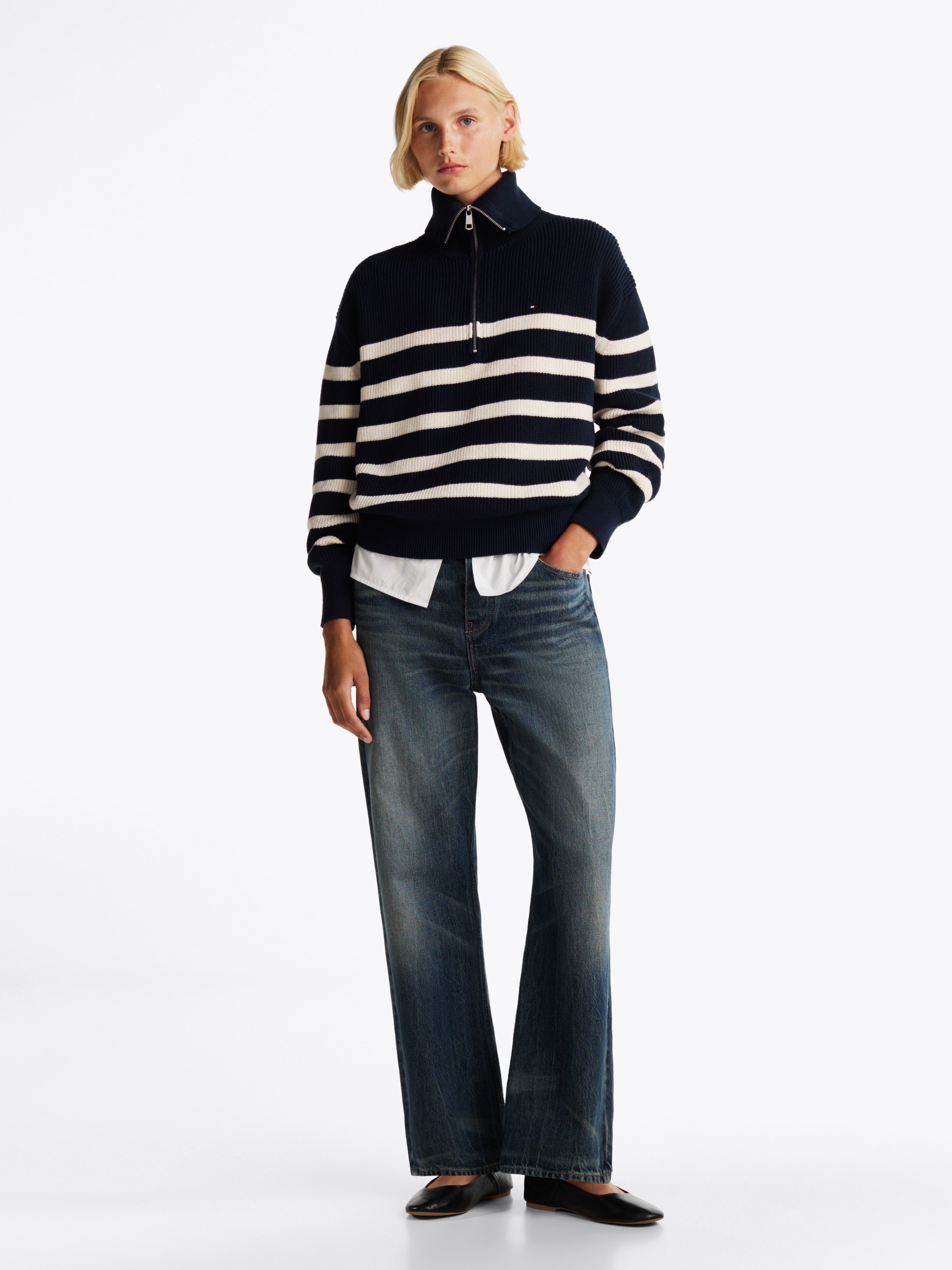 Tommy Hilfiger Troyer »CO CARDI STITCH 1/2 ZIP SWEATER«, mit kurzem Zipper, Streifendessin