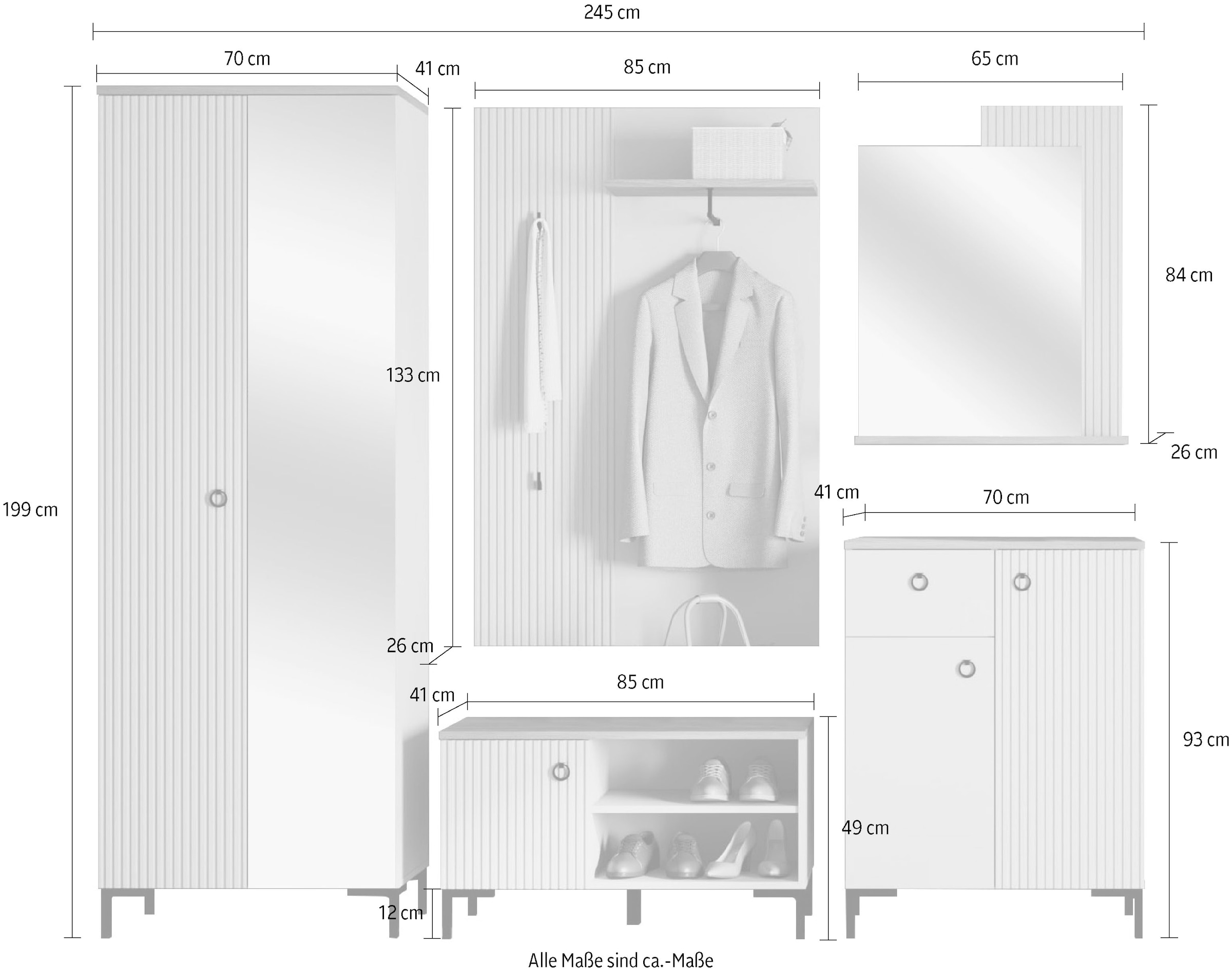 Home affaire Garderoben-Set »Luminara«, (Komplett-Set, 5 St.), Komplettset: Schrank mit Spiegel, Sitzbank, Paneel, Kommode & Spiegel