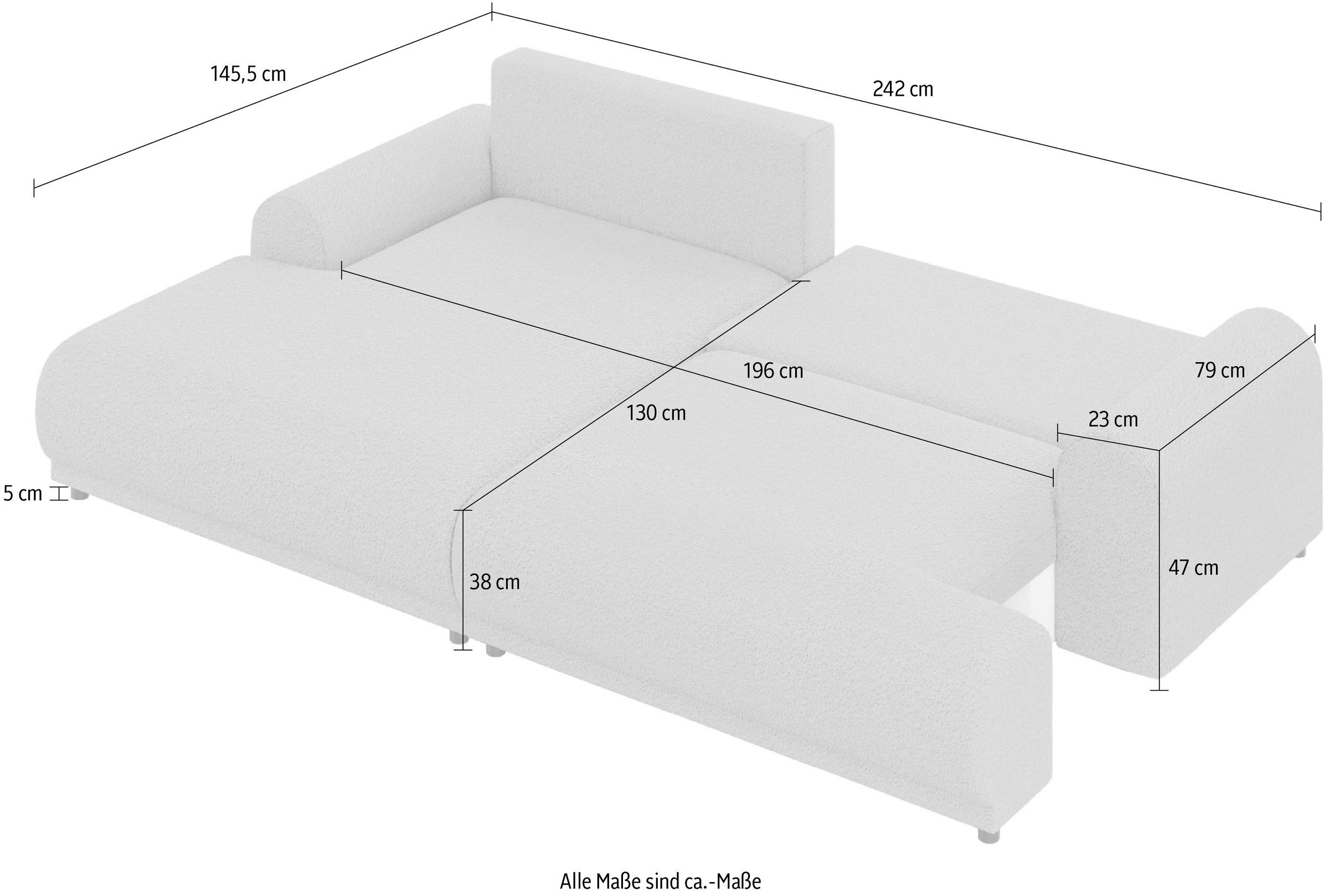INOSIGN Ecksofa »Marsby, mit Bettfunktion und Bettkasten, Maße: B/H/T 242/65/145 cm«, L-Form mit Wellenunterfederung, Recamiere links oder rechts bestellbar