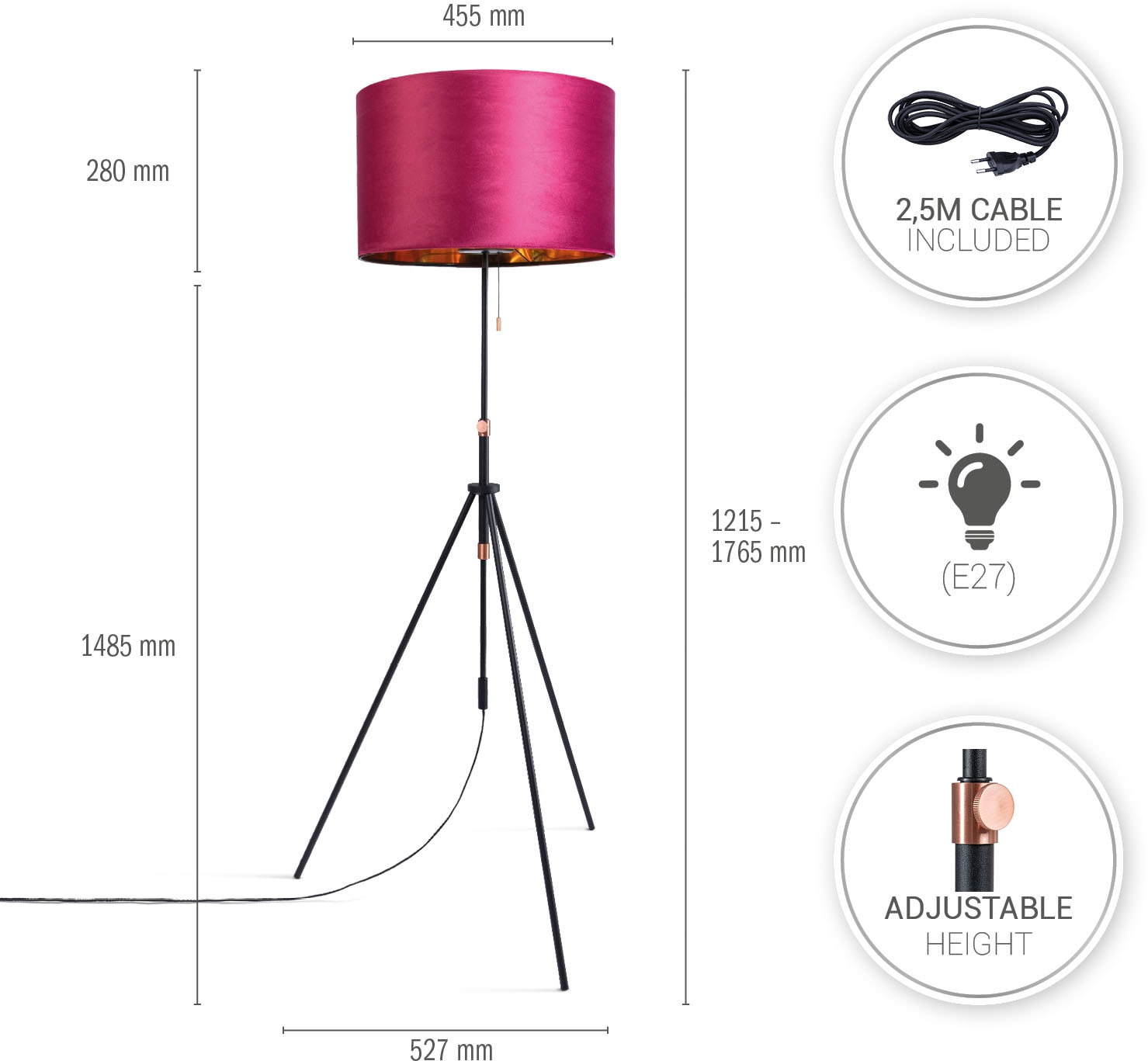 Paco Home Stehlampe »Naomi uni Color«, Leuchtmittel E27 | ohne Leuchtmittel, Wohnzimmer Höhenverstellbar 121,5 bis 176,5 cm Zugschalter Velour