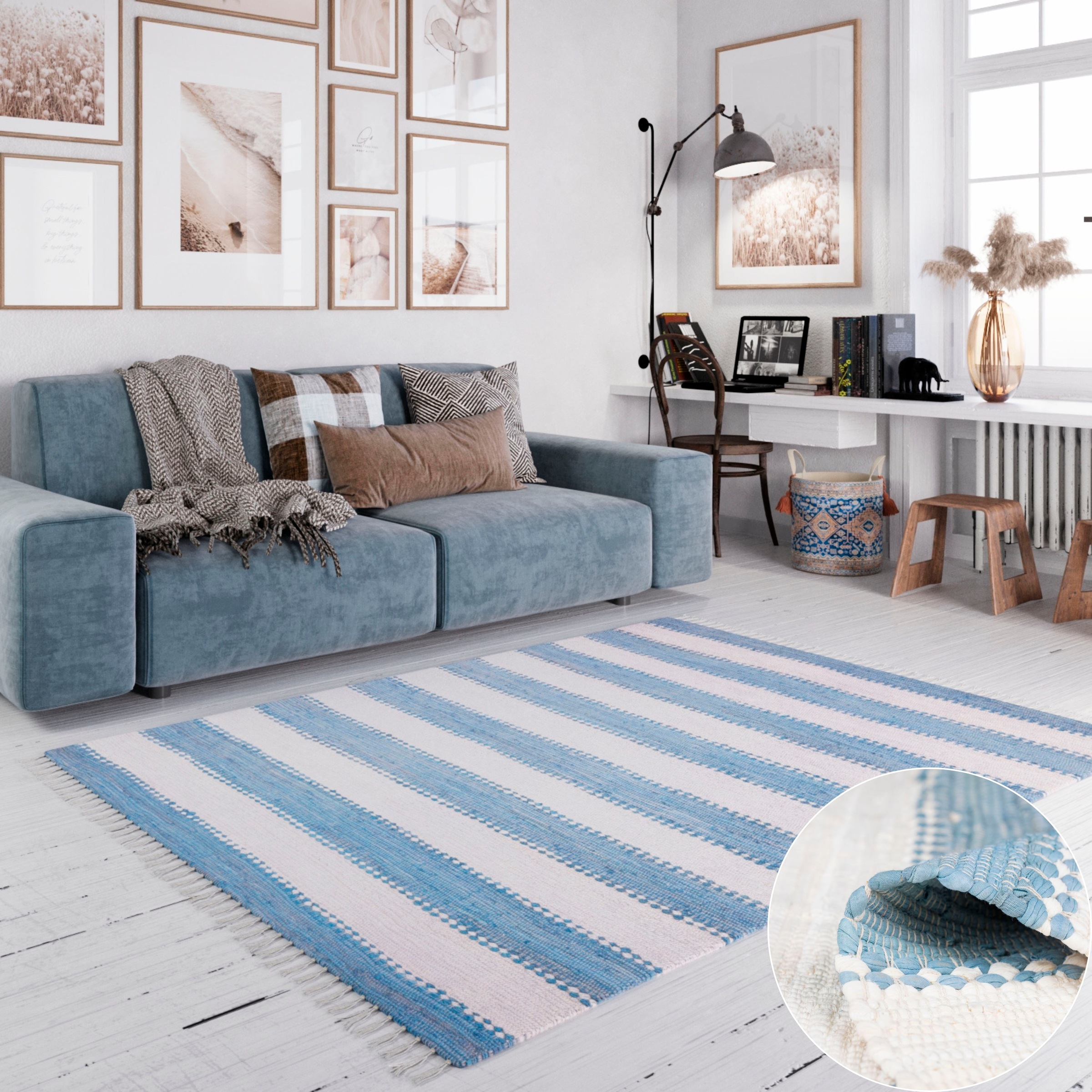 OTTO home Teppich »Benja« rechteckig 10 mm Höhe Handweb Teppich, gestreift, 90% Baumwolle, handgewebt, mit Fransen