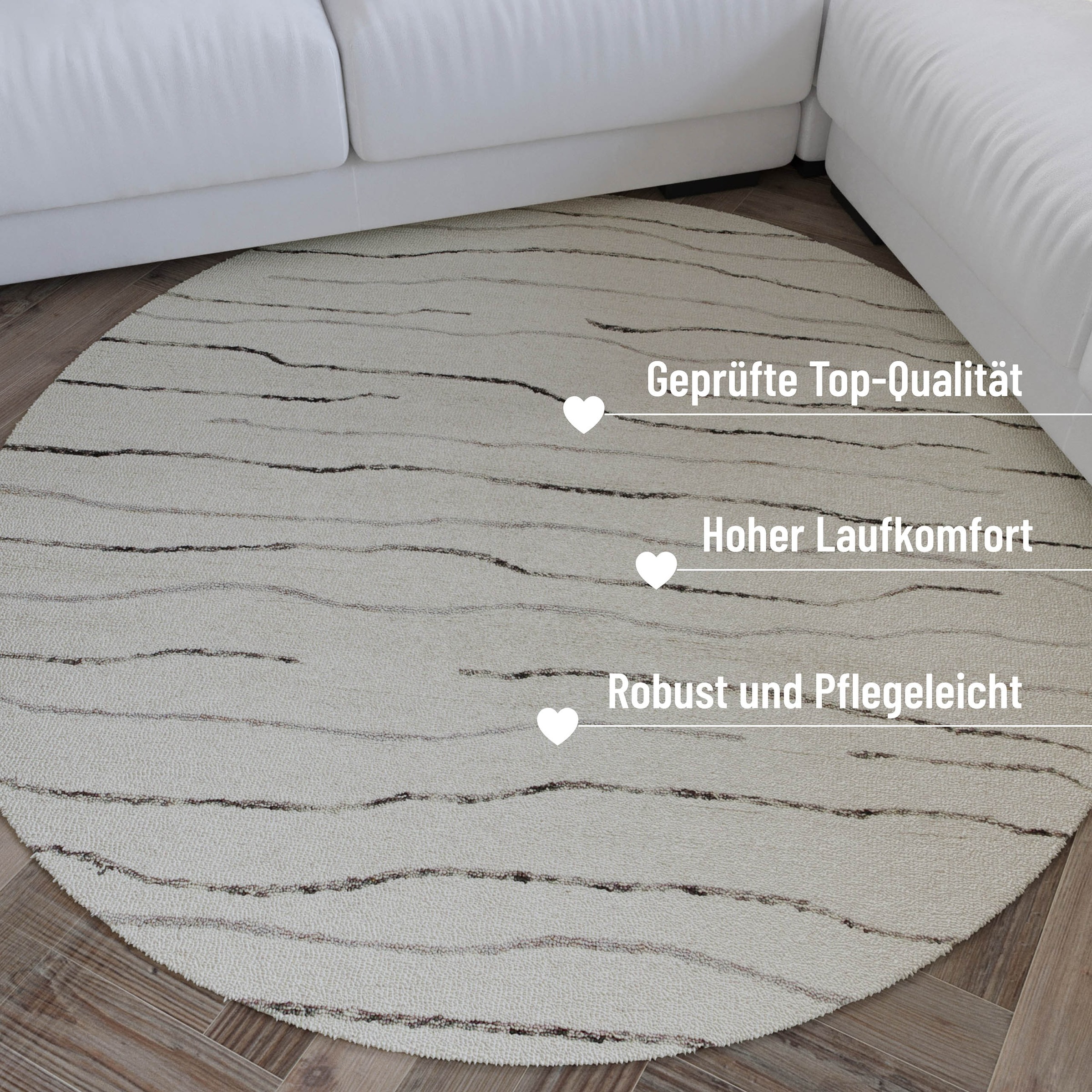 Wecon home Wollteppich »Hamptons ELEVEN«, rund, 10 mm Höhe, Schurwolle, Kurzflor, Wohnzimmer, Schlafzimmer, elegant, Wellen-Muster