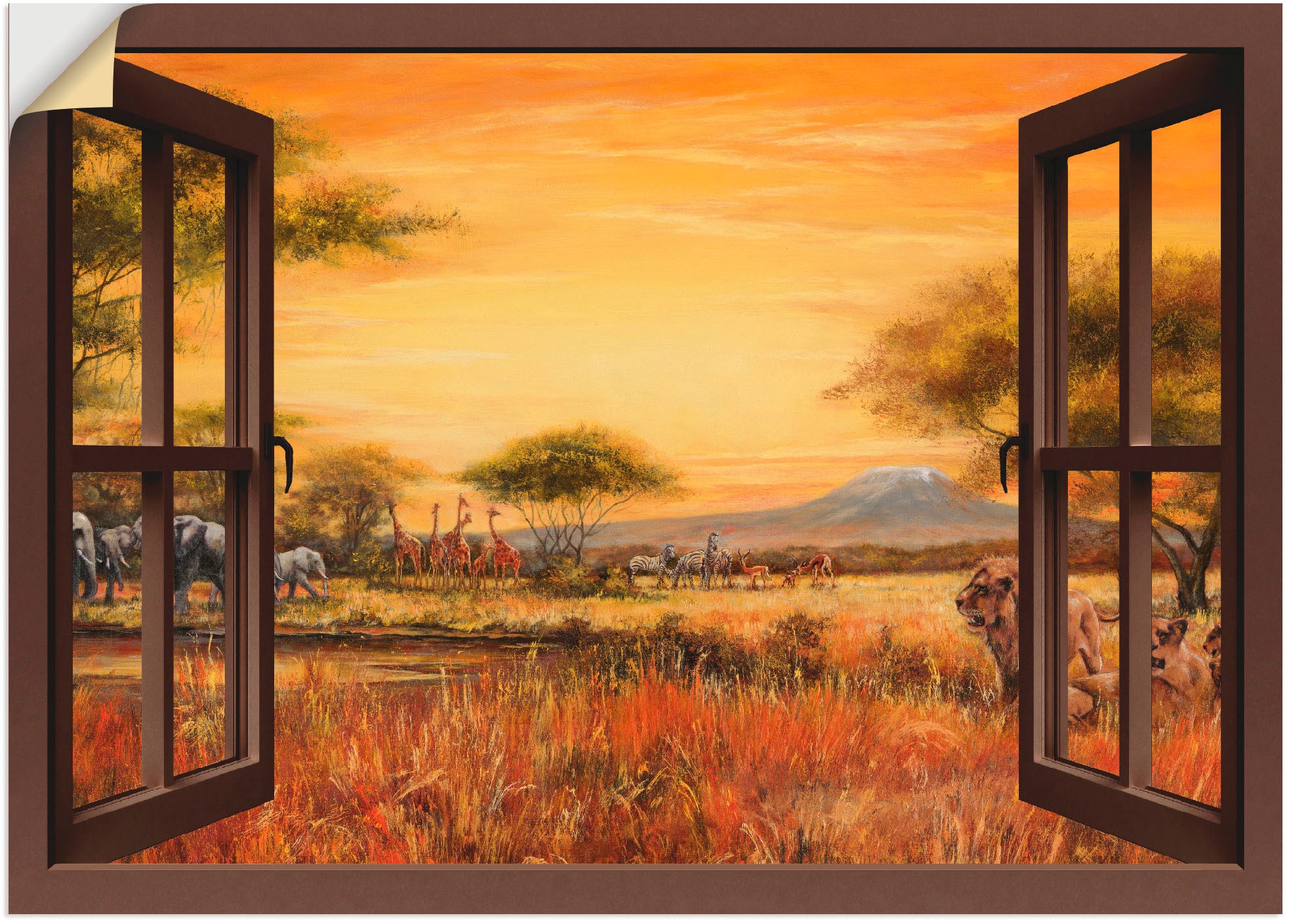 Artland Wandbild »Fensterblick Afrikanische Steppe Löwen«, Fensterblick, (1  St.), als Leinwandbild, Wandaufkleber oder Poster in versch. Größen auf  Rechnung bestellen