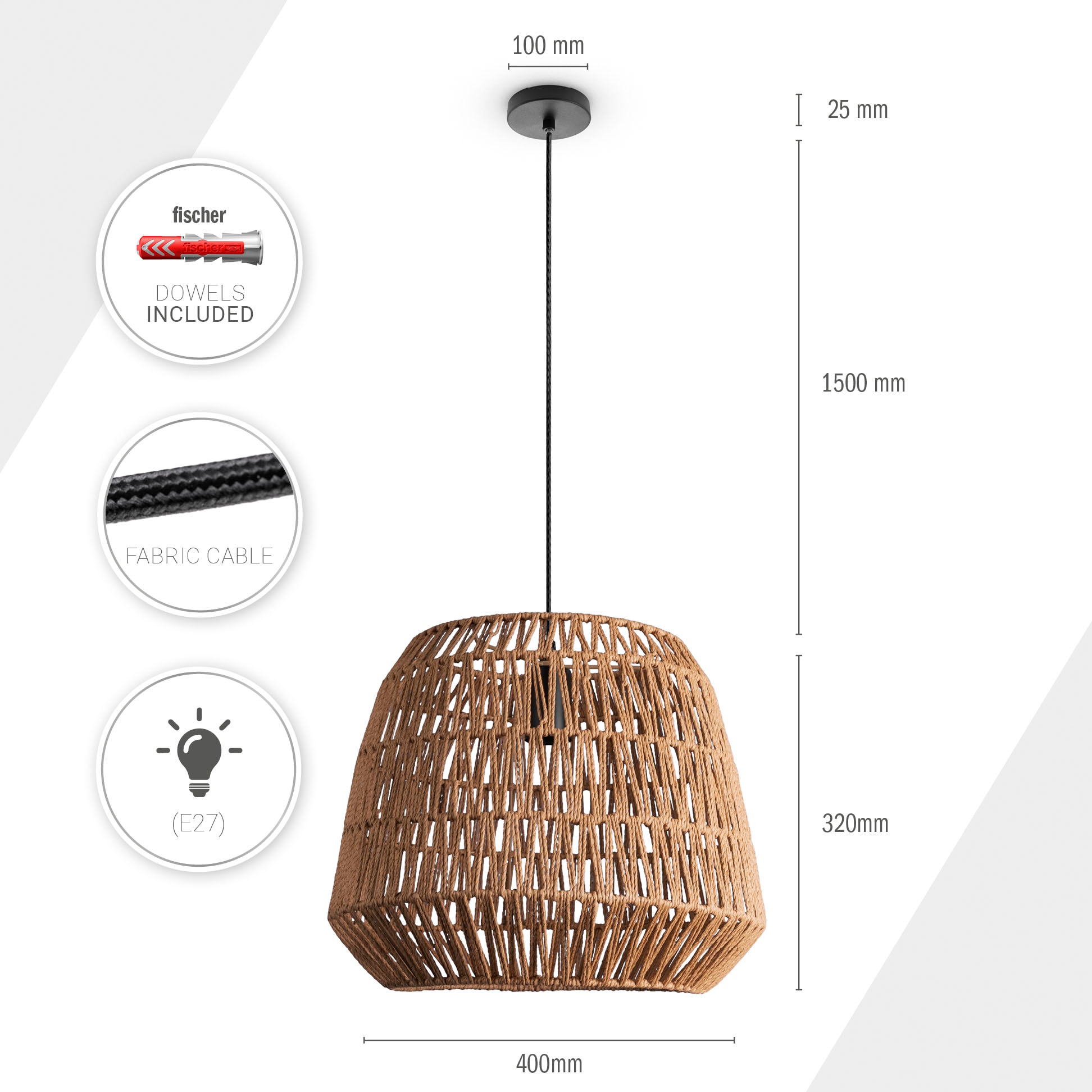 Paco Home Pendelleuchte »POMI«, Leuchtmittel E27 | ohne Leuchtmittel, Pendelleuchte Korb Lampe Esszimmerlampe Rattan Papier Boho E27
