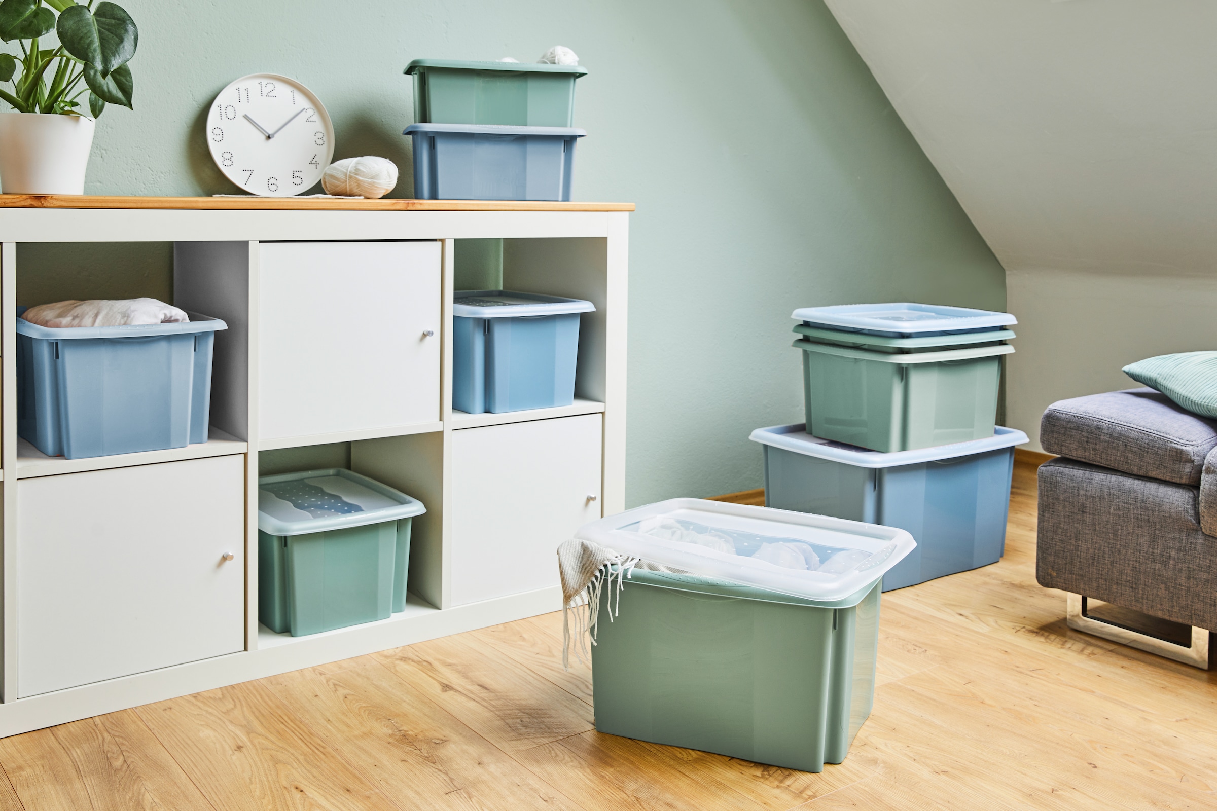 keeeper Aufbewahrungsbox »Emil, Box mit Deckel, 3er Set, 15 L, 38 x 28,5 x 20,5 cm« ineinander und aufeinander stapelbar