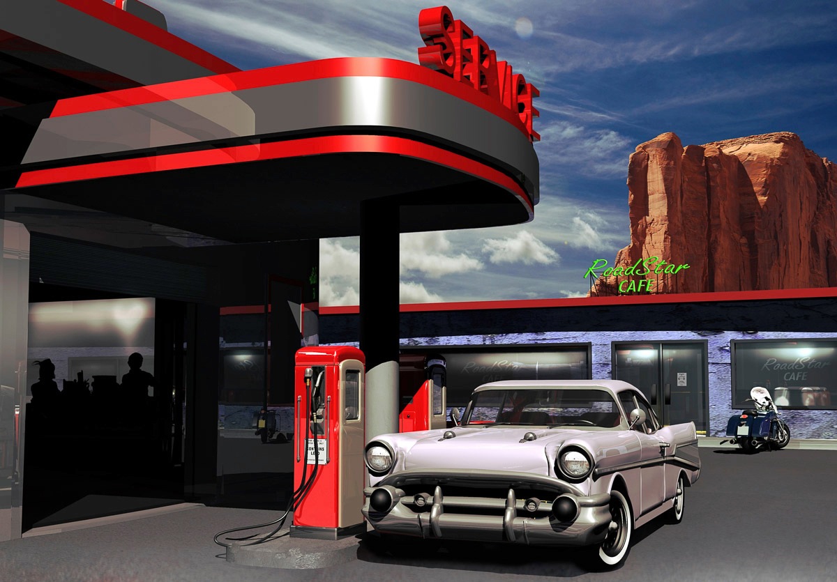 Papermoon, Fototapete »Tankstelle«, bunt, Vlies, B/L: 3,5 m m x 2,6 m m - Bahnen: 7 Stk. St., bunt