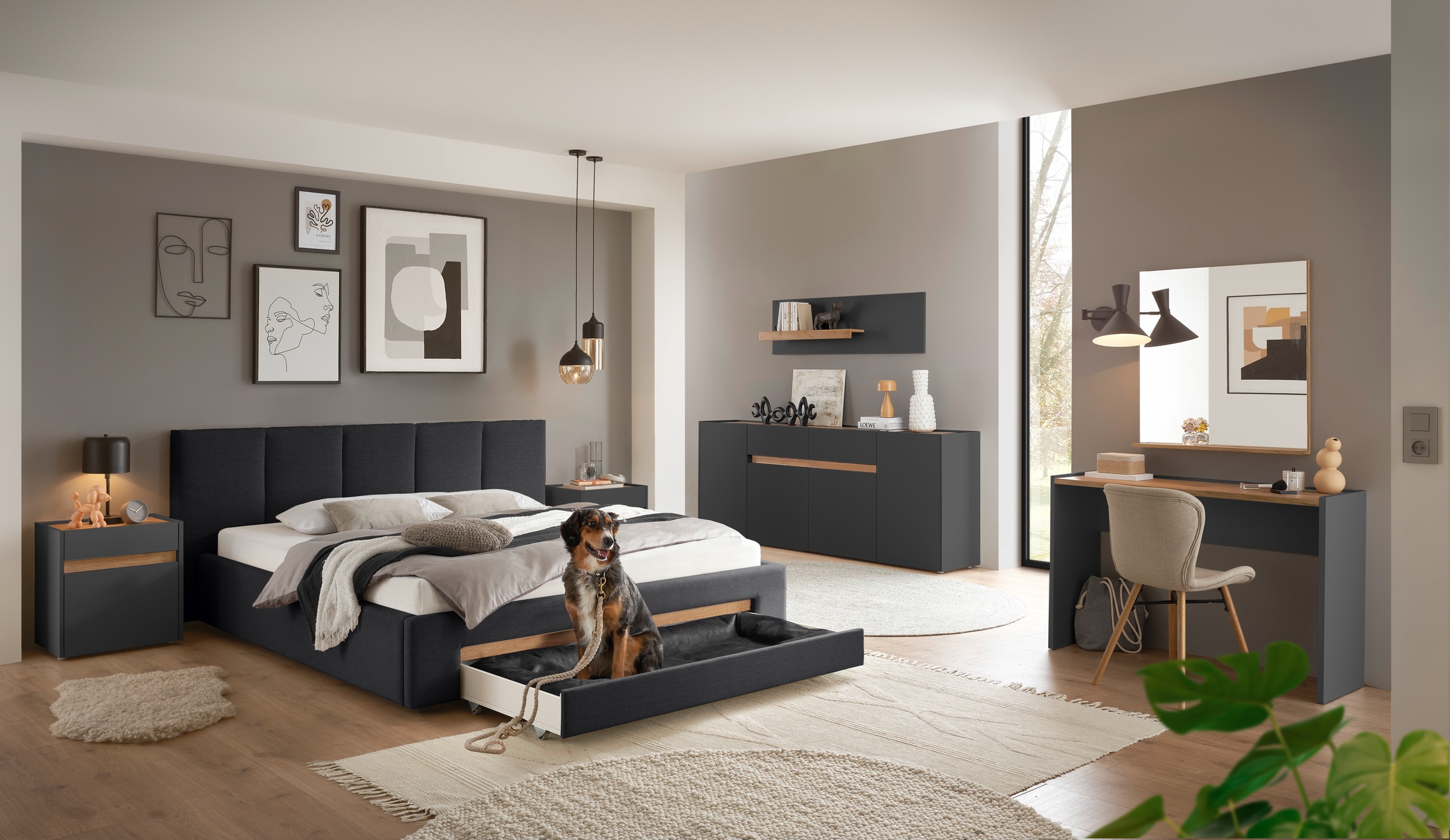 INOSIGN Polsterbett »CiTY/GiRON, Bettgestell mit Bettkasten, gepolstertes Stauraumbett«, mit Hundebett oder Stauraumschublade, Bezug Cord-oder Leinenoptik