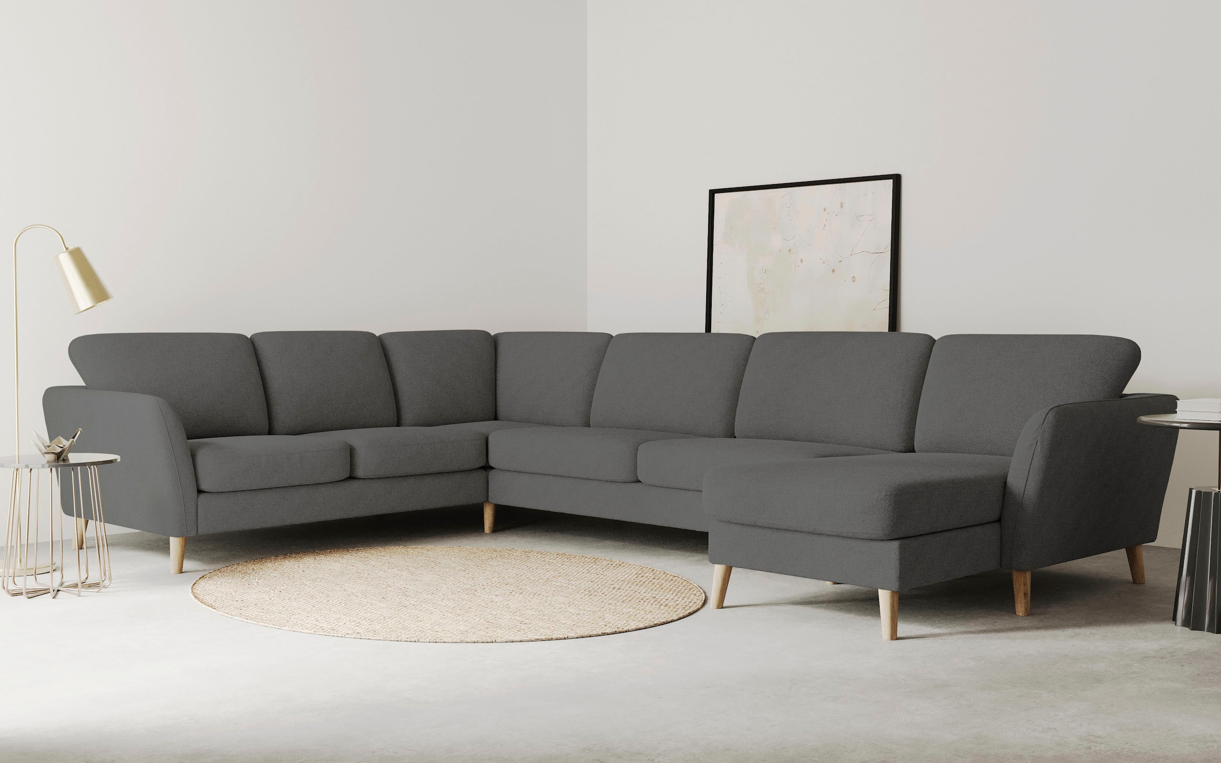 Home affaire Wohnlandschaft »MARSEILLE XXL 349cm, U-Form, Ottomane rechts/links wählbar«, Massivholzbeine aus Eiche, In verschieden Bezügen und Farbvarianten