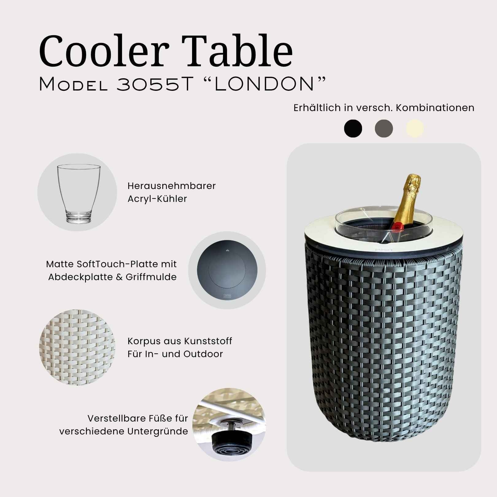 COOTAB Cooler Table Beistelltisch »4-in-1 Loungetisch mit Acryl-Kühler London 50 cm« 1 Stk. tlg. Wetterfest, Pflegeleicht, Hitzebeständig, Verstellbare Füße