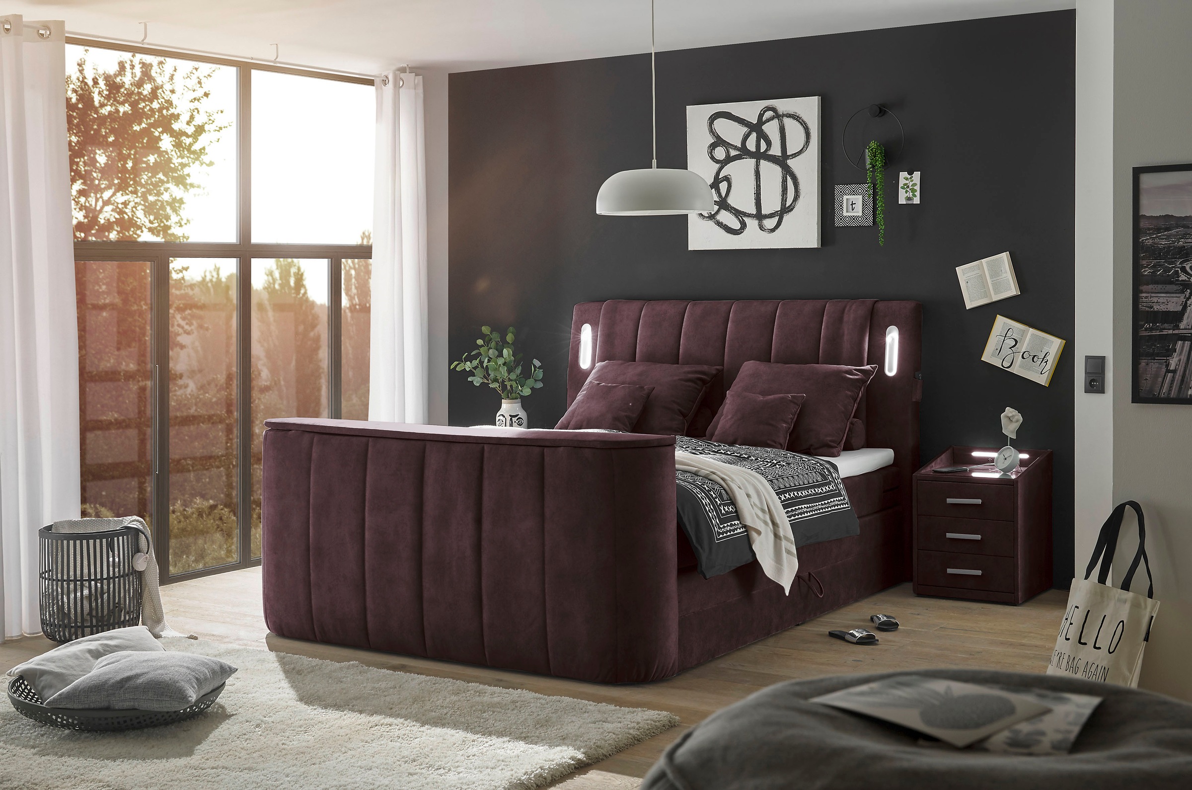 ED EXCITING DESIGN Boxspringbett »Dallas«,  inkl. Topper, LED-Beleuchtung, TV Halterung (bis 40 Zoll) und 2 Bettkästen