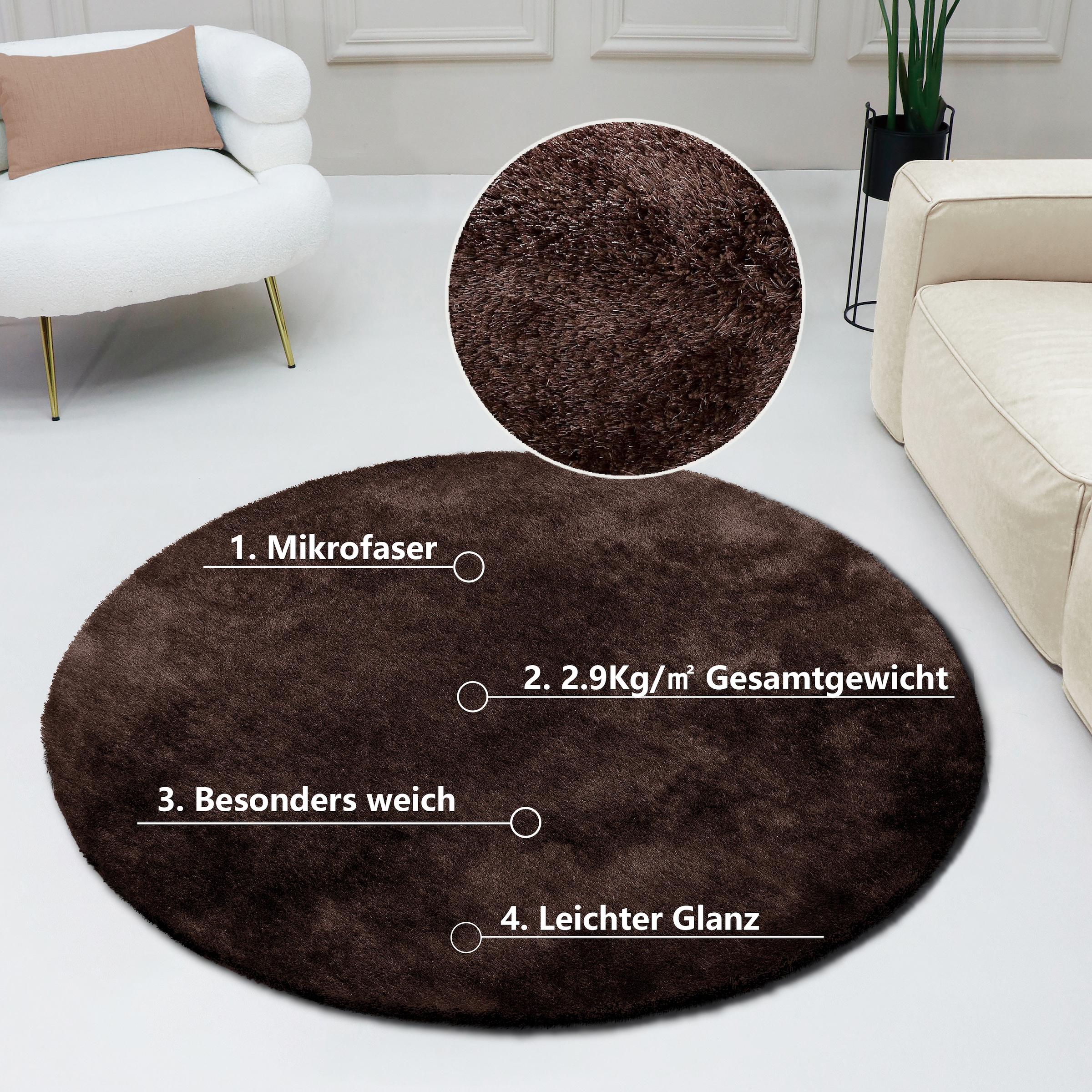Bruno Banani Hochflor-Teppich »Dana Teppich, Kundenliebling«, rund, 30 mm Höhe, unifarben, Mikrofaser Teppiche, Wohnzimmer, Schlafzimmer, Esszimmer
