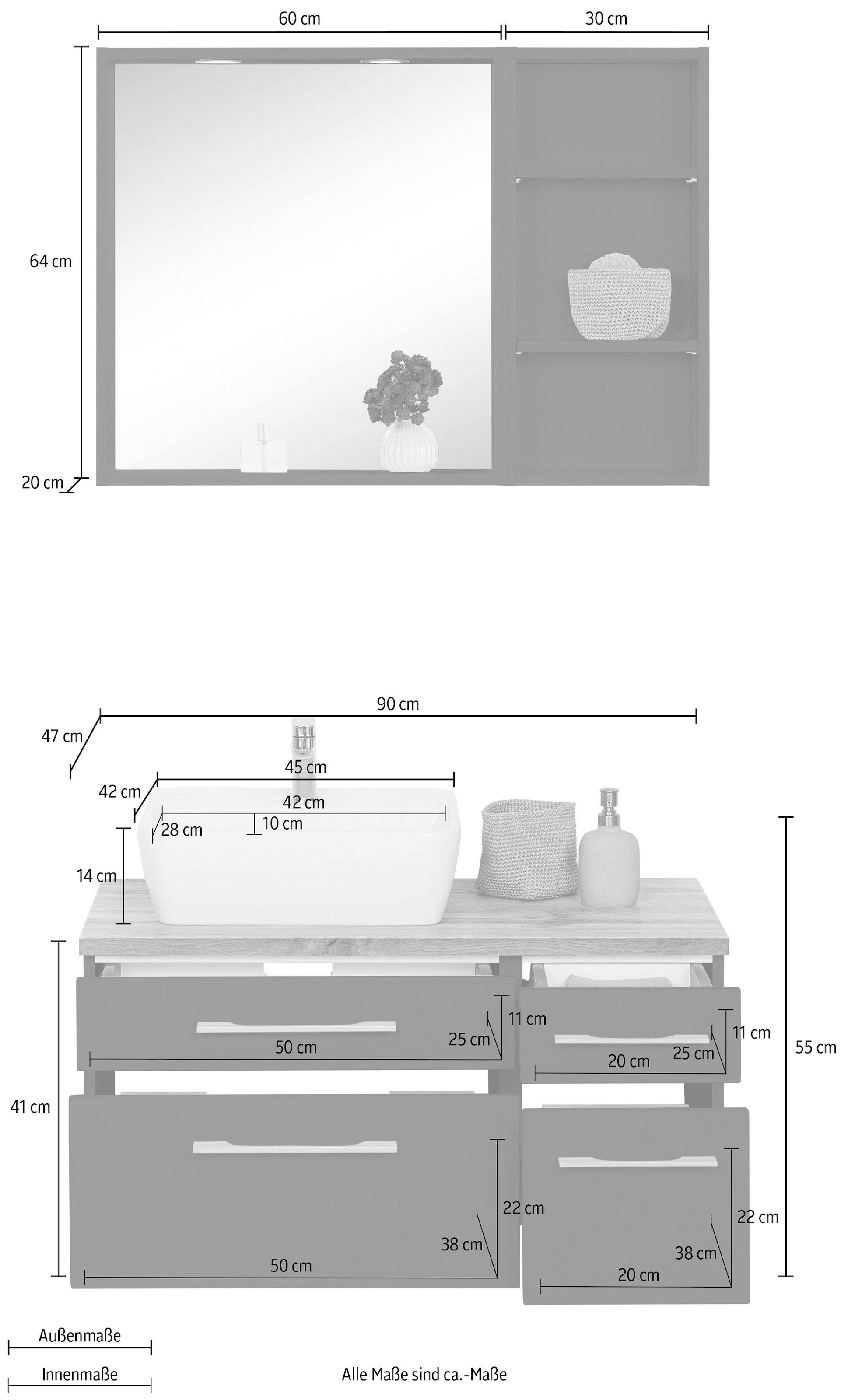 welltime Badmöbel-Set »Davos«, (3 St.), mit 2 Touch-LED-Einbauleuchten