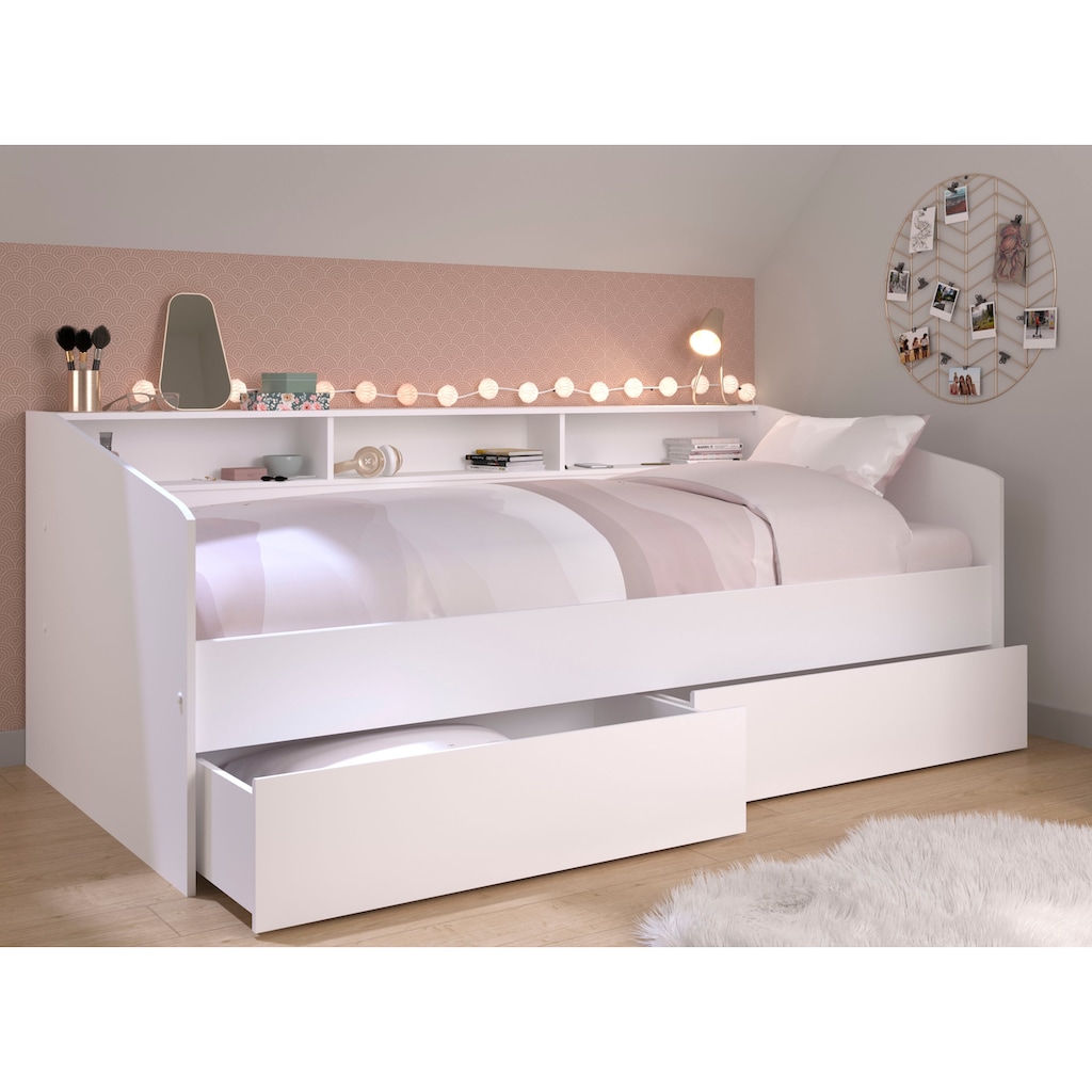 Parisot Stauraumbett »Sleep, Daybed, Kinderbett, Rückwand der Regale drehbar (farbig + weiß)«