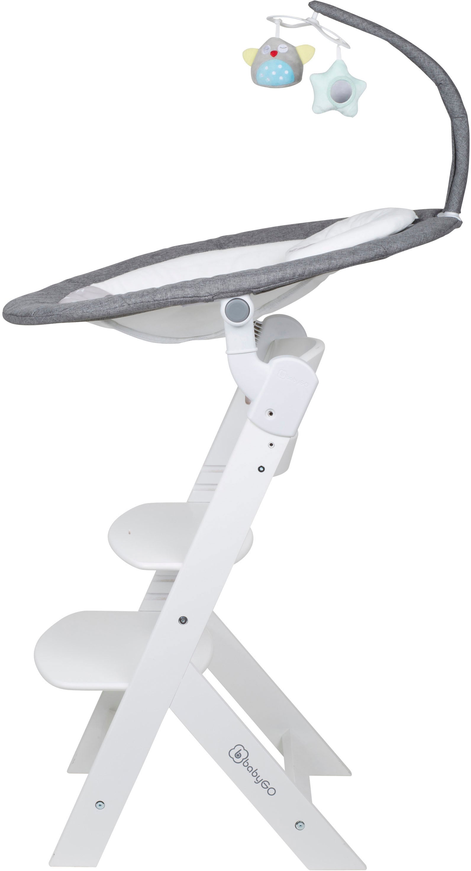 BabyGo Hochstuhl »Family Homey Set, weiß/hellgrau« () mit elektrischer Babywippe inkl. Spielbogen