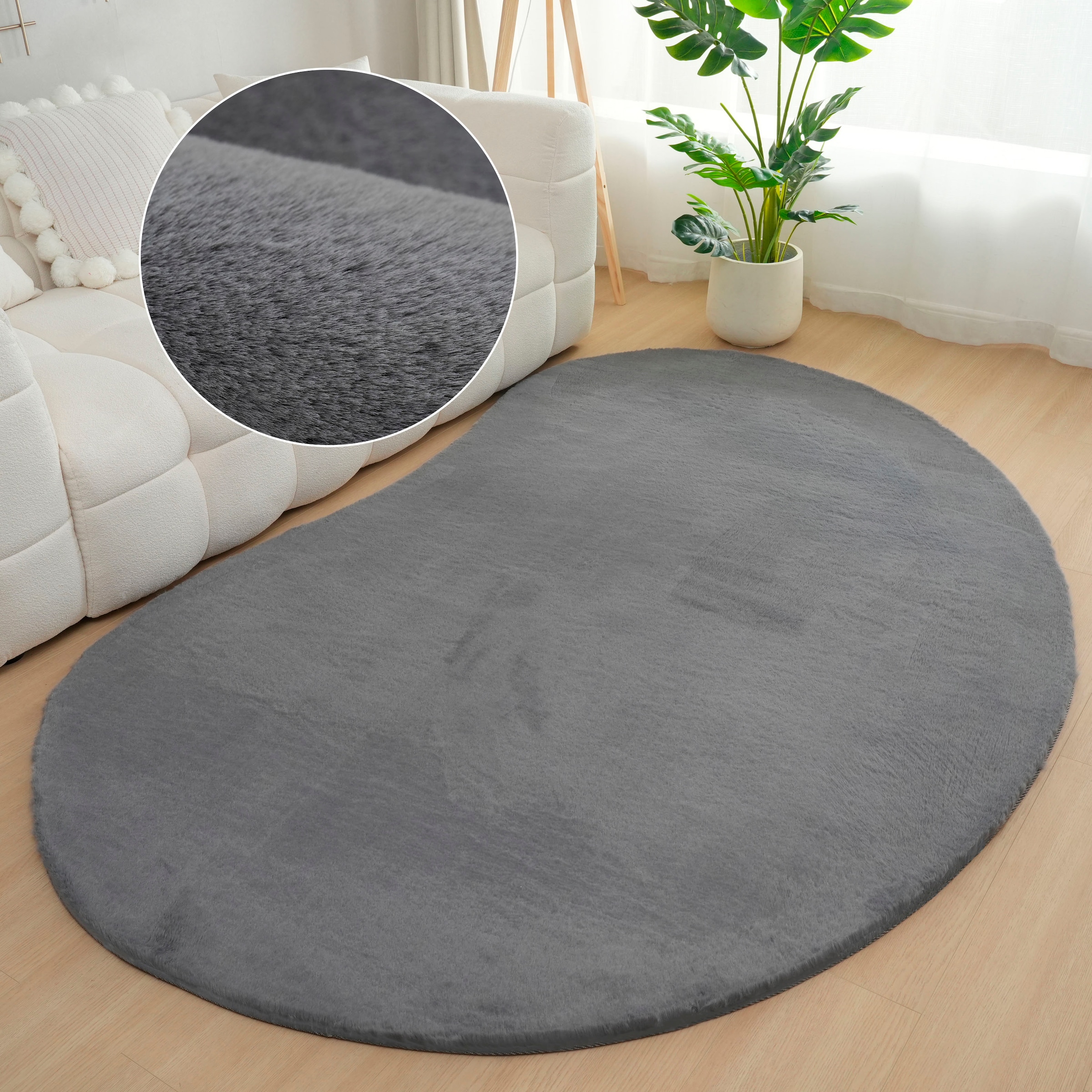 Bruno Banani Hochflor-Teppich »Rabbit 2 Bean, Kunstfell Teppich, Modern, besondere Form«, U-förmig, 25 mm Höhe, Kaninchenfell-Haptik, Microfaser, Wohnzimmer, Schlafzimmer, Esszimmer